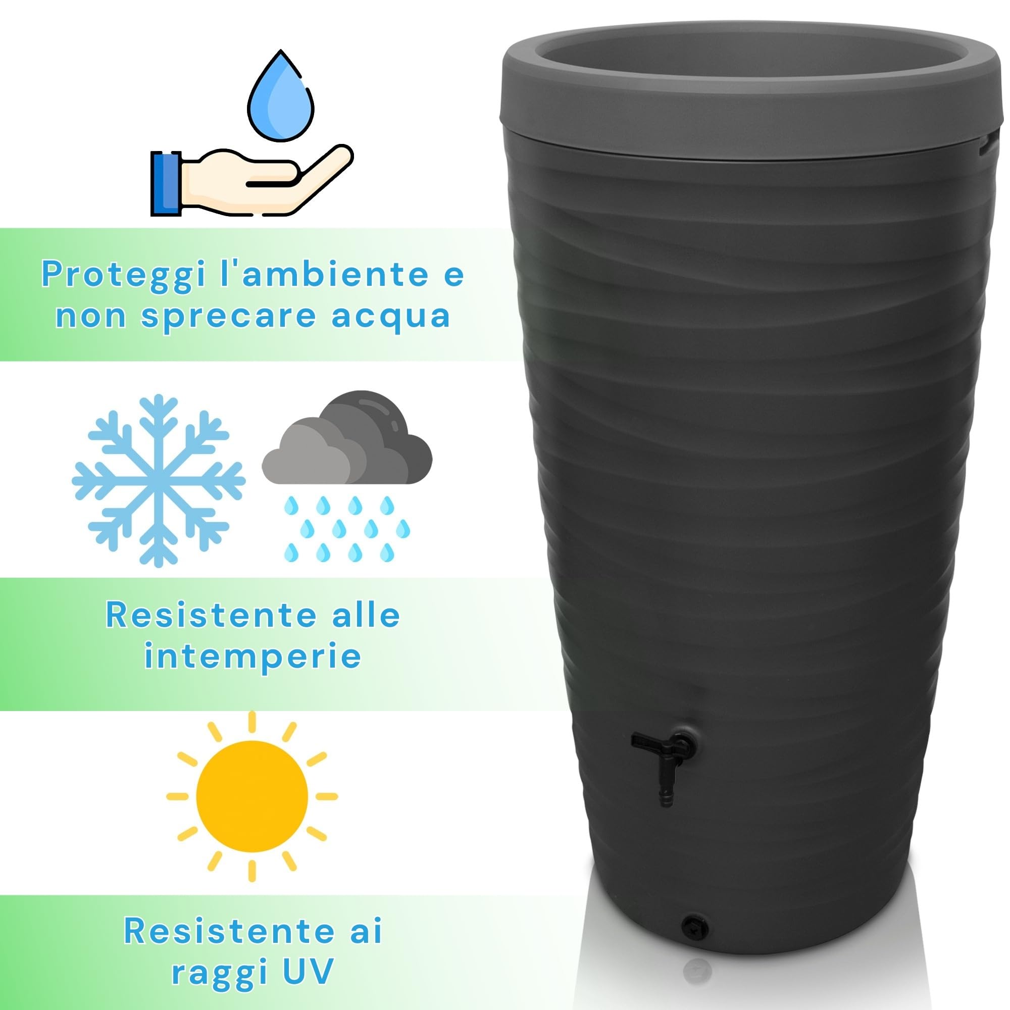 Yourcasa Serbatoio acqua 240 litri [design wave] in plastica resistente al gelo – Cisterna acqua piovana con rubinetto – Serbatoio acqua piovana giardino - raccolta acqua piovana (grigio)
