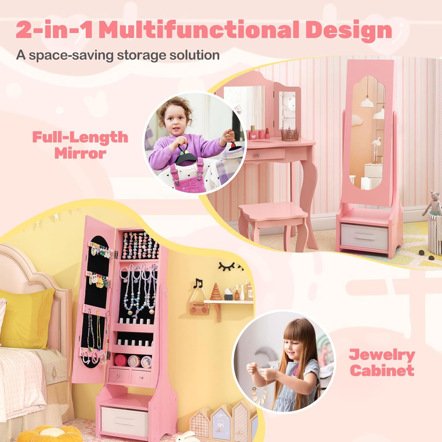 HONEY JOY Kids Jewelry Armoire Cabinet, 41.5" Standing Wooden Standing Jewelry Organizer with Full-length Mirror and Storage Box, Children Dress Up Vanity Jewelry Cabinet for Little Girls (Pink)