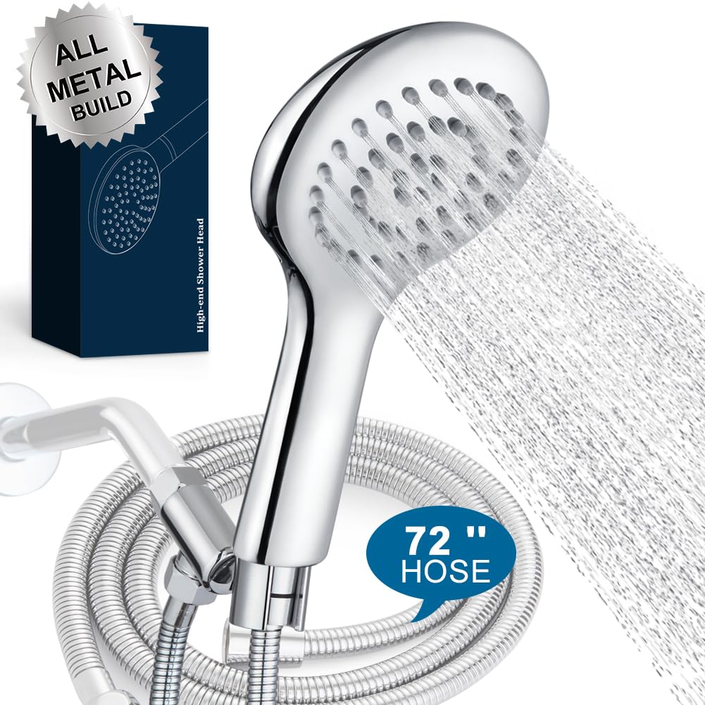 POP SANITARYWARE ALL METAL Shower Head with Handheld Chrome, High Pressure Showerheads with 72'' Stainless Steel Shower Hose and Brass Adjustable Shower Wand Bracket