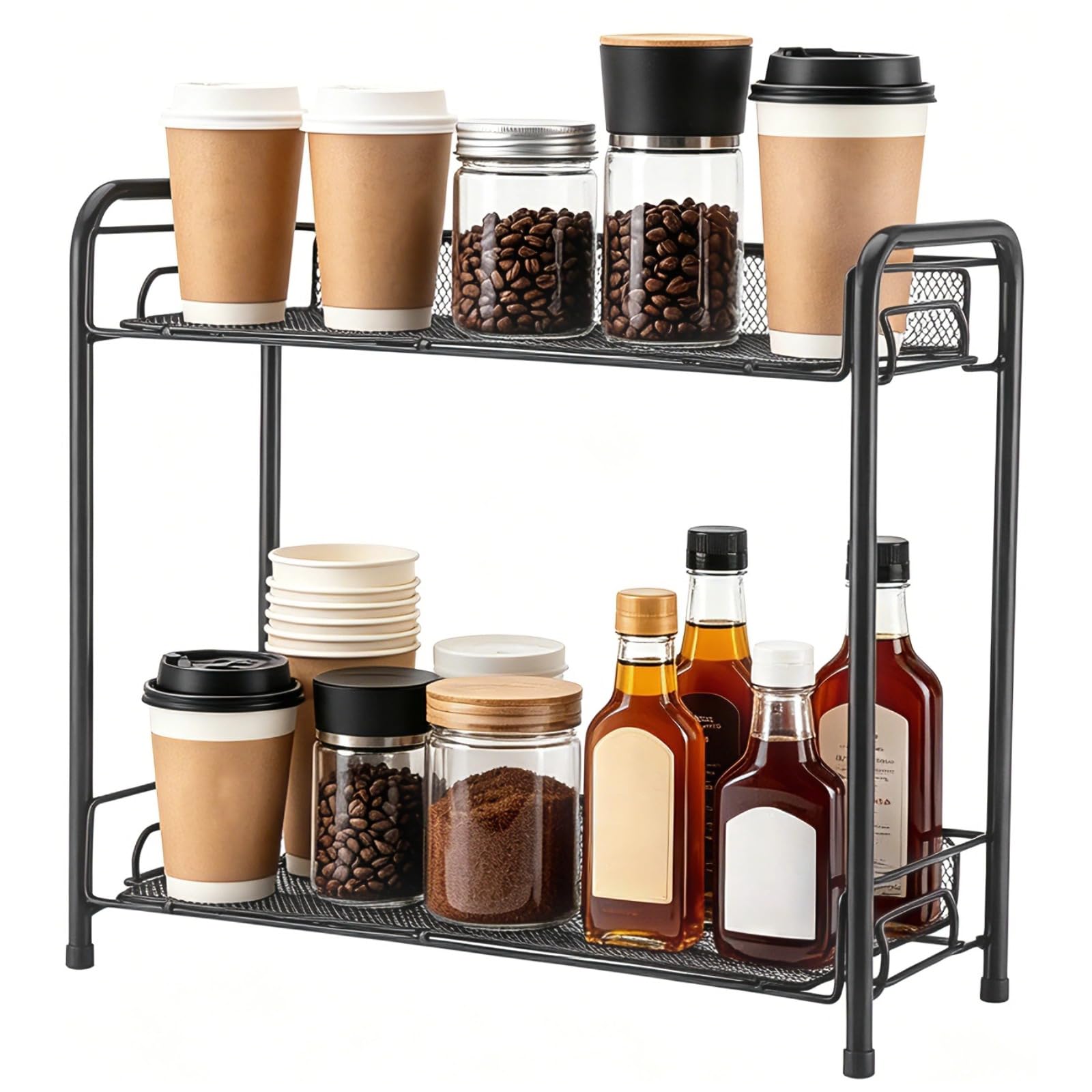 Double-Layer Coffee Station Organizer, 13.2 x 13.8 x 2.8 in 2 Tier Iron Mesh Storage Rack Countertop Organizer, Metal Spice Seasoning Holder, Multi-Functional Desk Shelf for Kitchen Bathroom Office