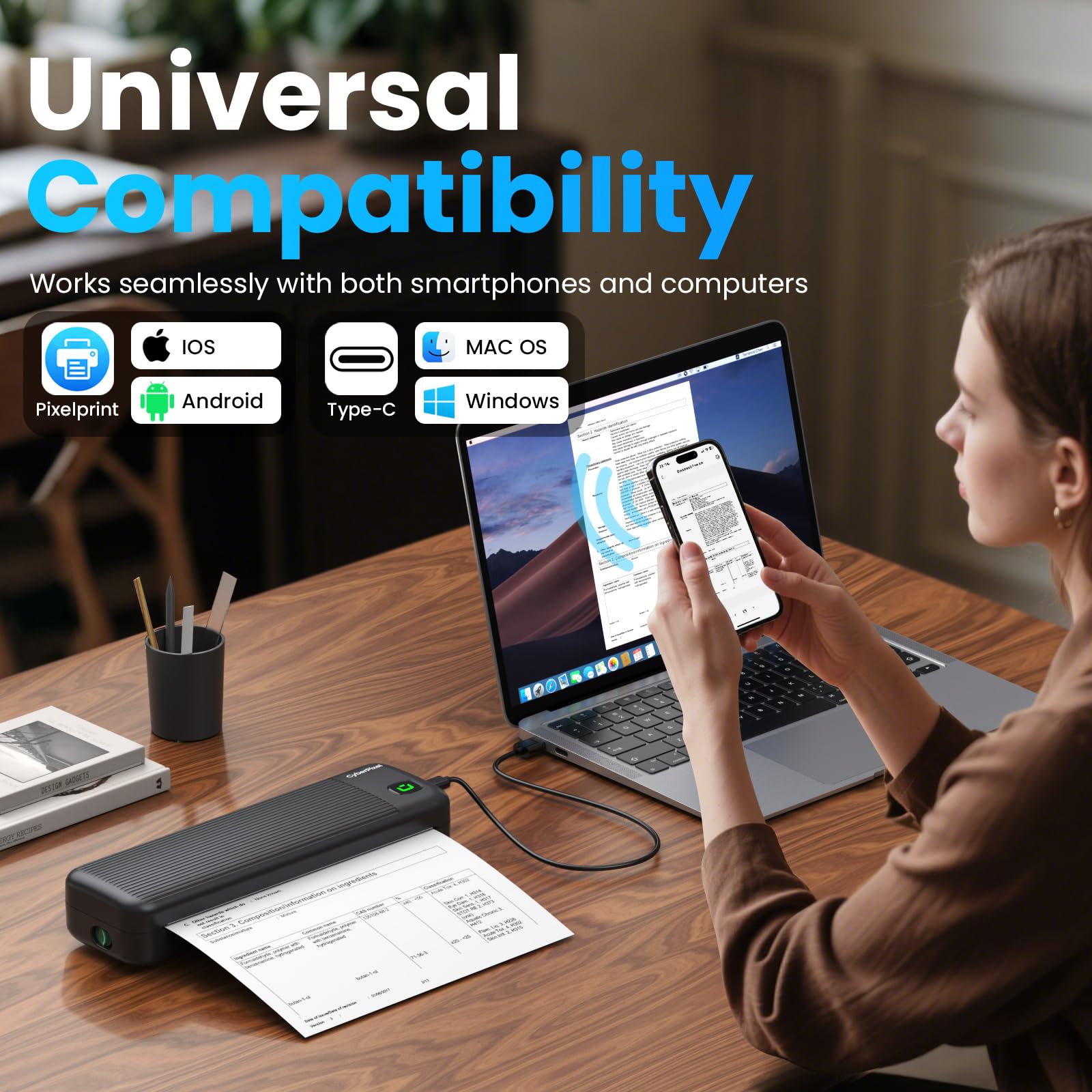 Stampante Termica Portatile A4, Compatibile con iOS/Android e Mac/Windows, Mini Stampante Senza Inchiostro