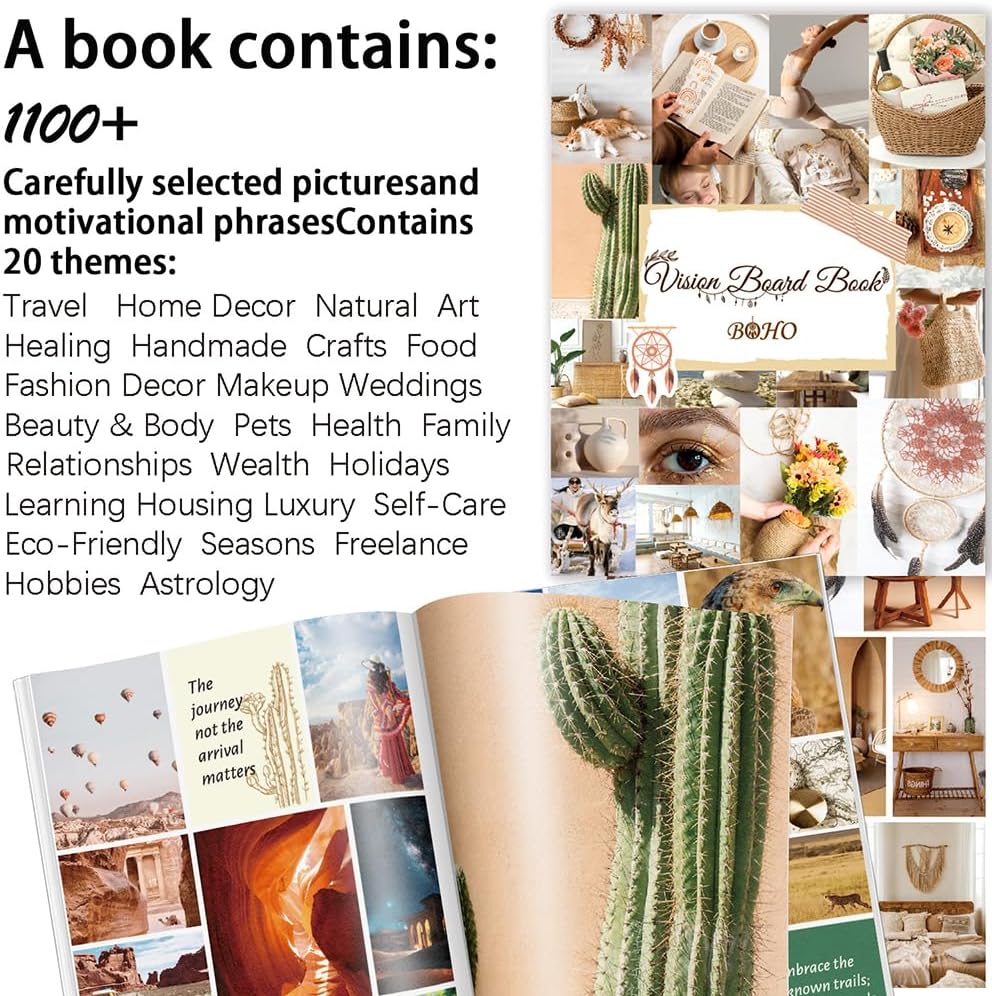 Vision Board Book Kit – 1100+ Boho Aesthetic Matte Clip Art, 20+ Themes, 70 Double-Sided Pages, Repositionable Stickers & Alphabet Sheets for Journaling, Scrapbooks, Creative Planning & Mood Boards