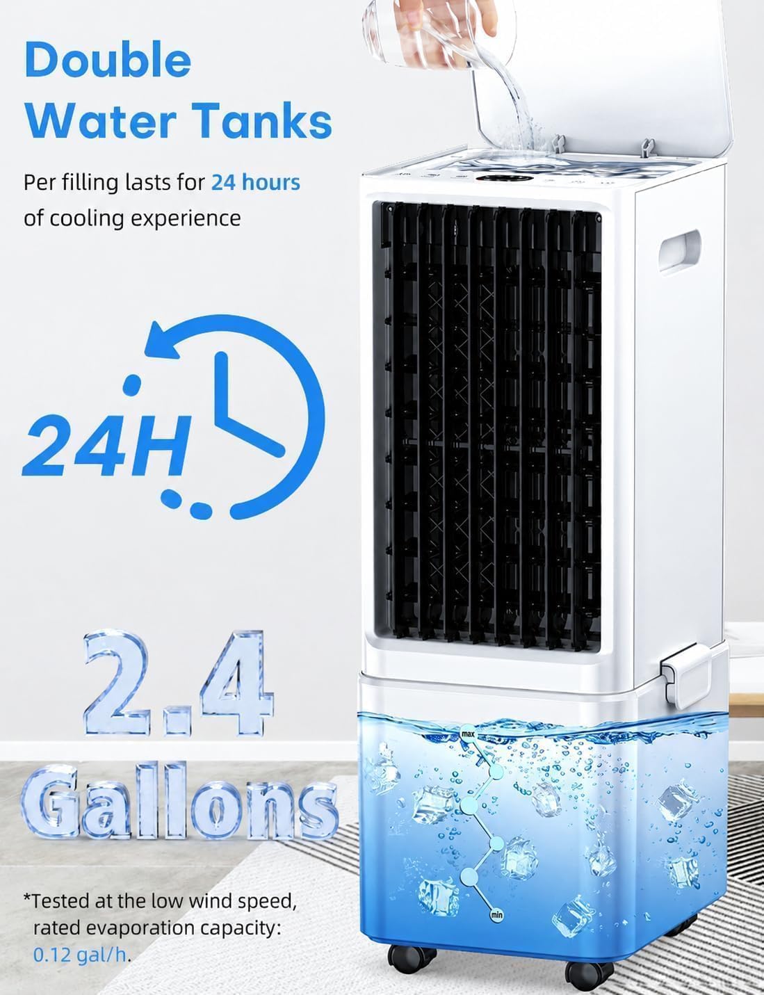 Windowless Air Conditioner w/4 Mode,3 Speed, Waterless Alert,2.4-Gal Tank for 24H Cooling, 12H Timer Swamp Cooler Air Conditioner, 20FT Remote,70° Auto Swing Evaporative Air Cooler for Bedroom