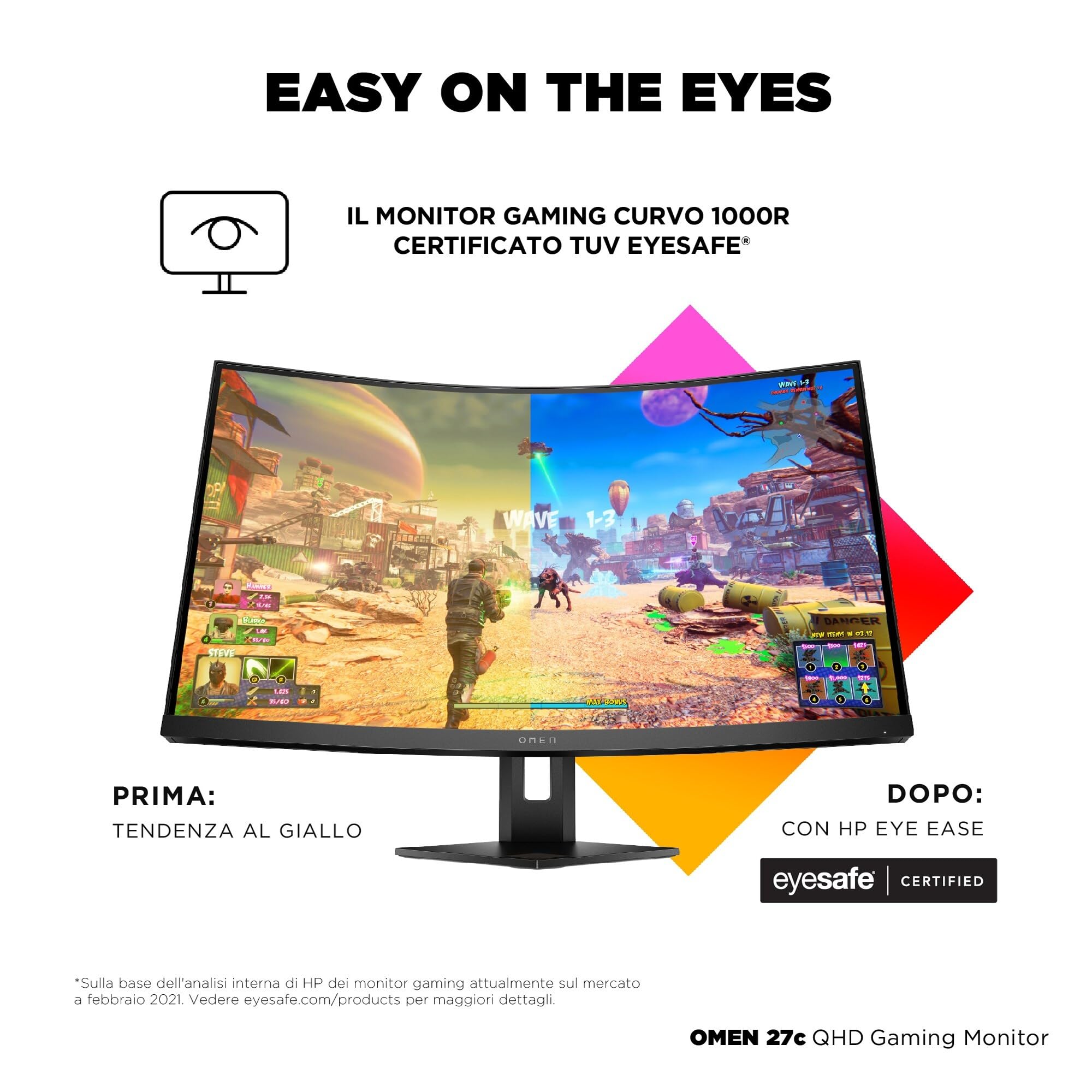 HP OMEN 27c Monitor Curvo da 27 pollici, Pannello VA 16:9 2K QHD 240Hz, 1 ms, DisplayHDR 400, Antiriflesso, 400 nits, AMD FreeSync, VESA, USB-A, Nero