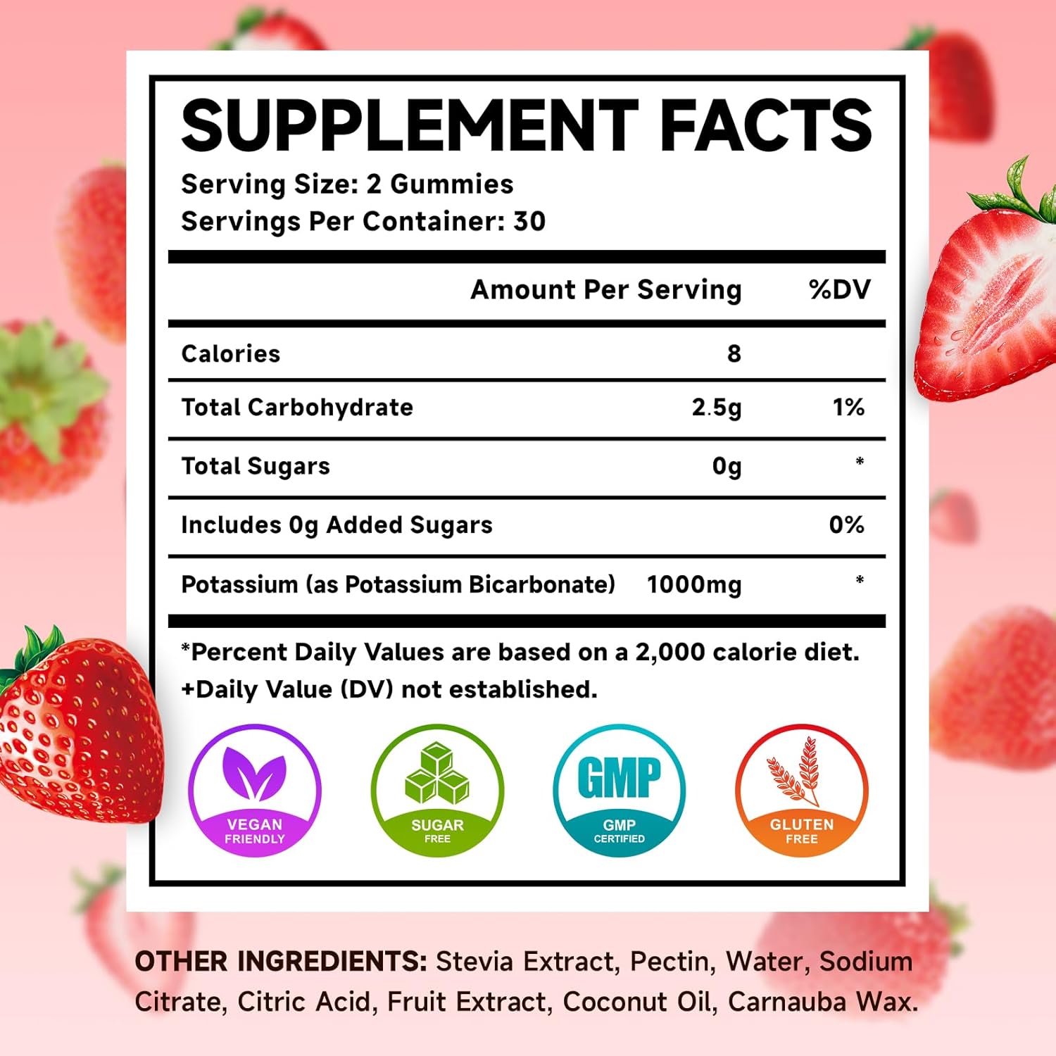 Potassium Gummies, Potassium Bicarbonate Supplement for Adults & Kids, Potassium Supplement for Electrolyte Balance & Muscle Heath, Sugar-Free, Strawberry Flavor, 60 Count