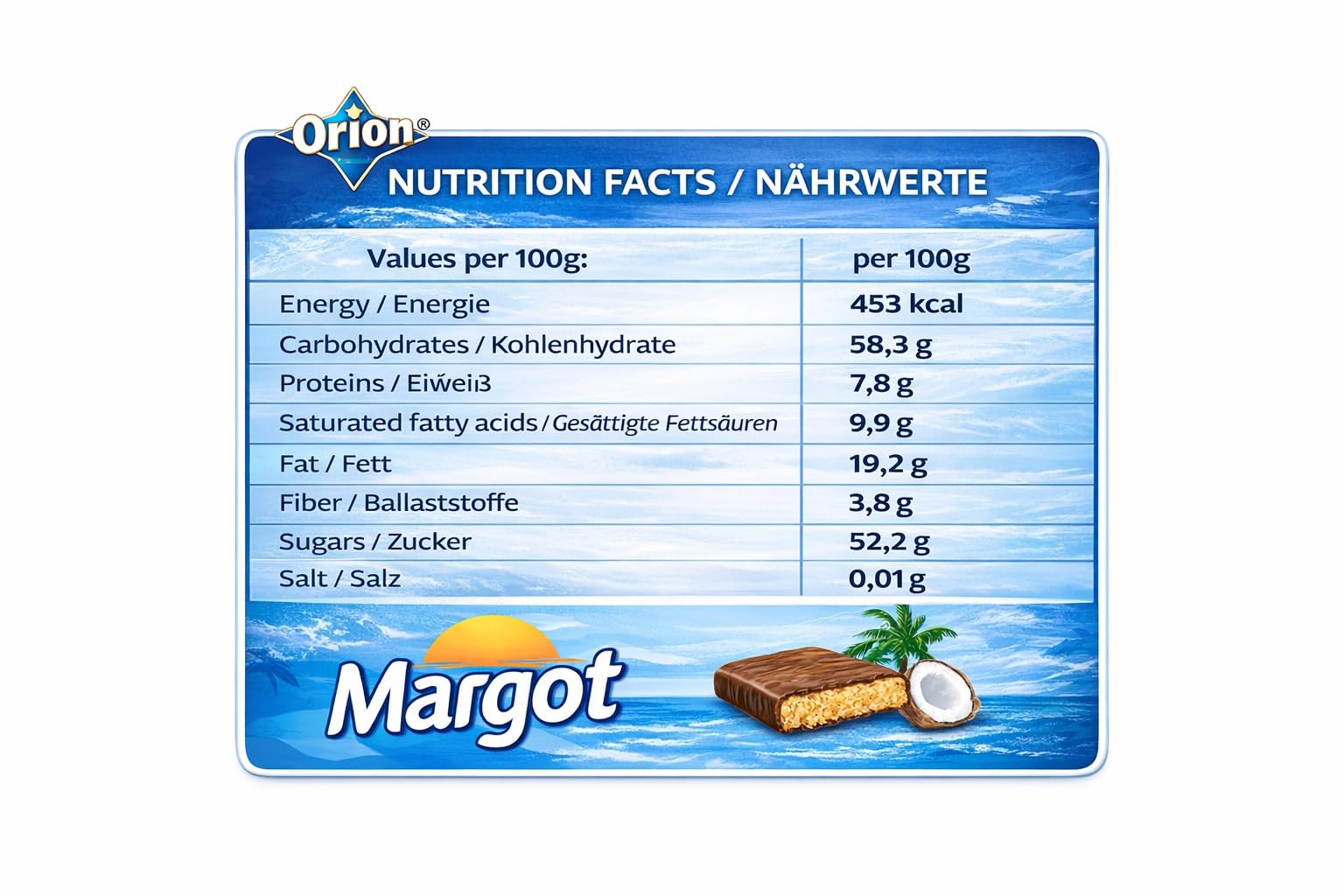 ORION Margot Sojabar mit Kokosnuss in Kakaoglasur – 20 Stück (20×80 g) | Vorteilspack 1,6 kg | Kokos-Kakao Snackriegel