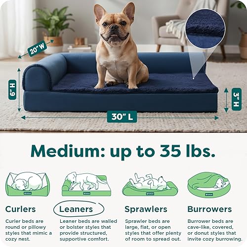 Miniatura 3 de Furhaven - Cama para perro de espuma de gel refrescante, estilo diván en forma de L, de felpa y terciopelo, zafiro profundo, mediano