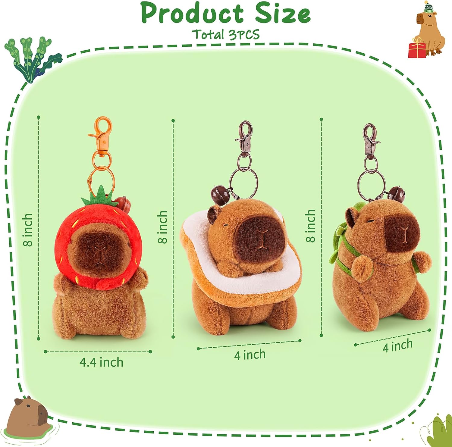 Achwishap 3PCS Capybara Plush Keychain,Cute Keychain Capybara Stuffed Animal,Capybara Plush Toys Key Chain,Kawaii Plushie Stuffed Toys for Kids Adults Birthday Gifts(Turtle,Strawberry Hat,Bread) - Image 2