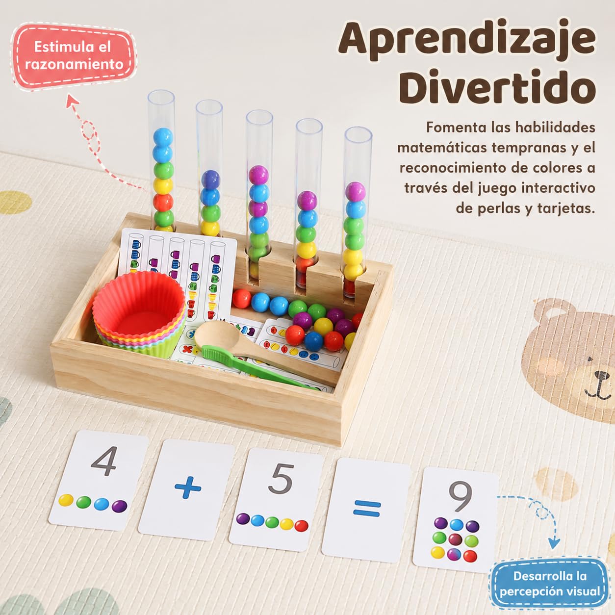 Jugue Educativo Madera, Set csificación Elementos con Tubos y Pinzas, Juego coordinación Ojo Mano, motricidad Fina 4-6 años