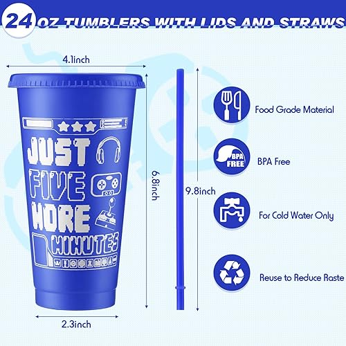 Vista 9 de Mifoci Vasos de plástico para videojuegos con tapas y pajitas, vaso reutilizable con tapa y pajita, lindo vaso de viaje para café helado, botella