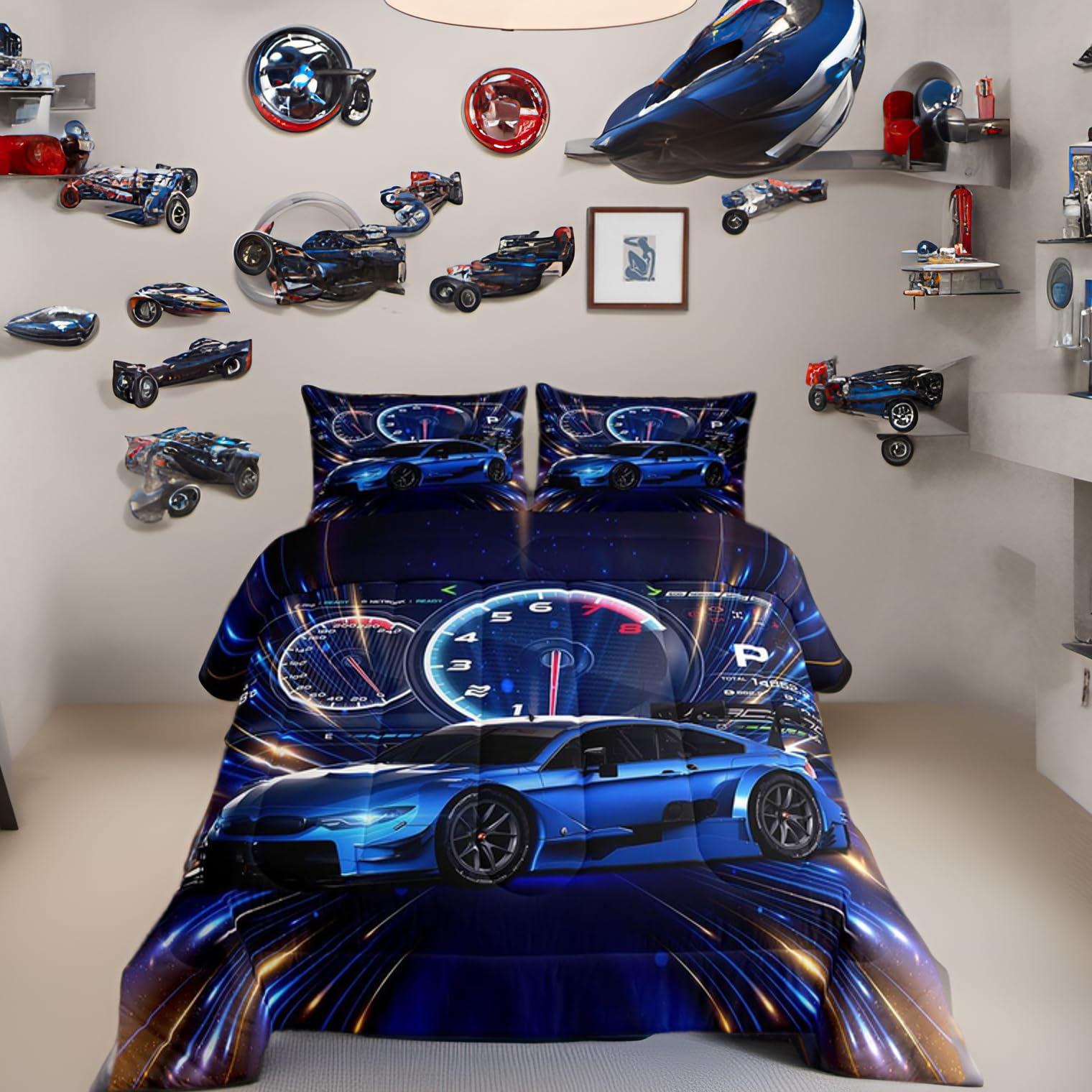 Erosebridal Blue Race Car Comforter Set Extreme Speed Sports Bedding for Youth Kids Teens, Racer Car Bed for Boys Bedroom Decor Cool Car Bedding Sets