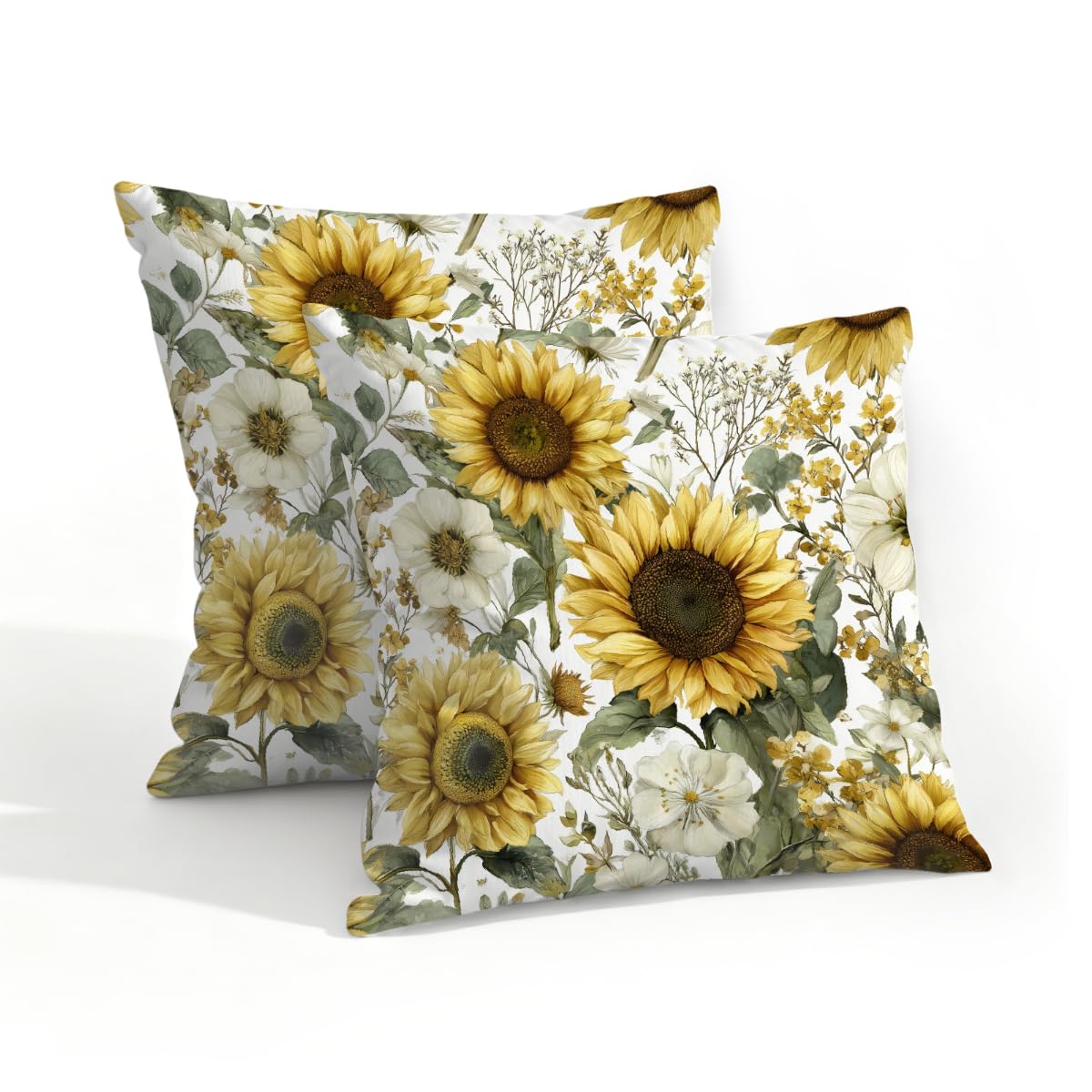 Outdoor Pillow Covers Waterproof Pillowcases 18x18in Set of 2 Retro Watercolor Sunflowers Floral Decorative Throw Cushion Case for Couch Sofa Garden Patio Furniture