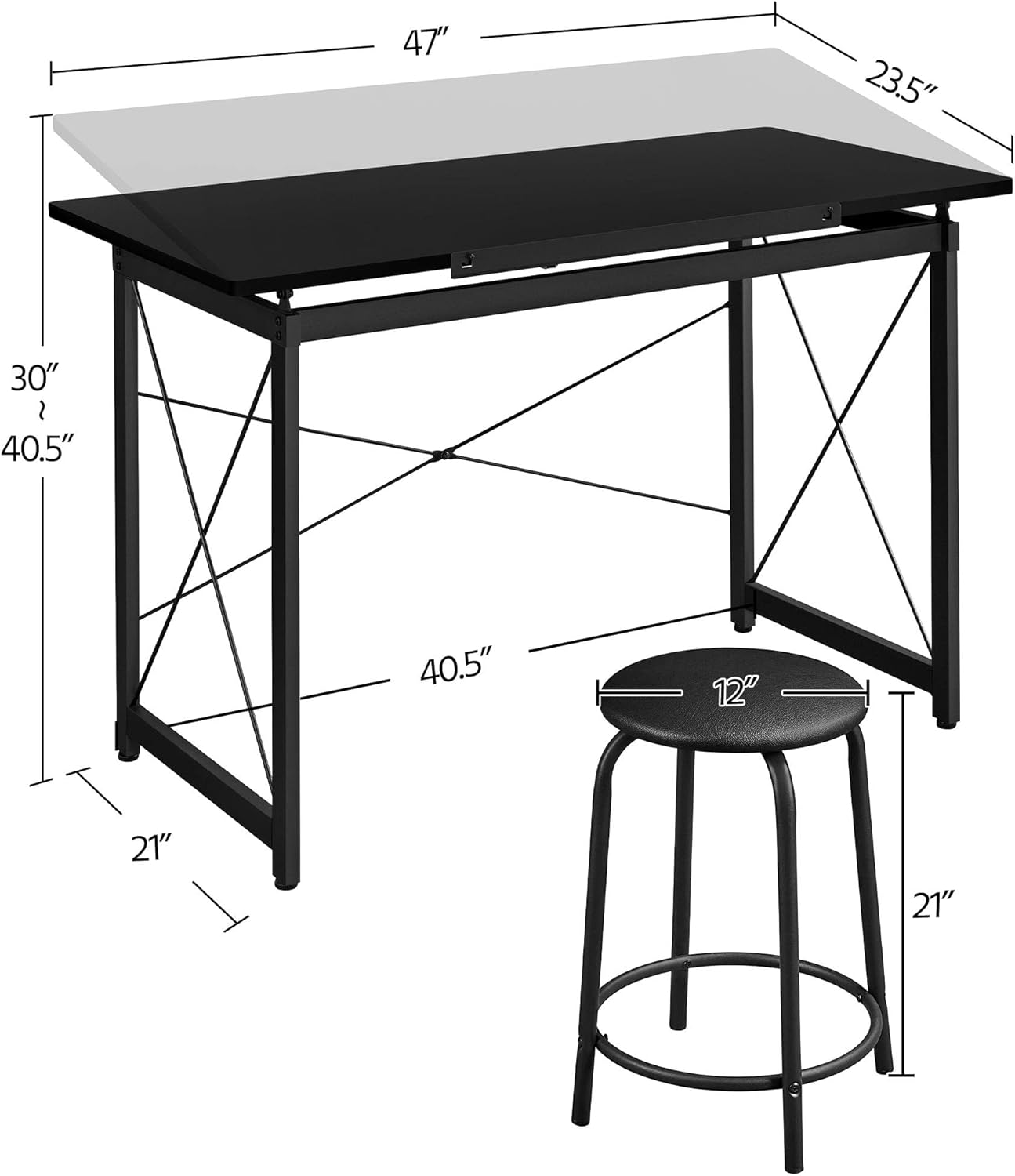 Dimensions of the Yaheetech Drafting Table and Stool.