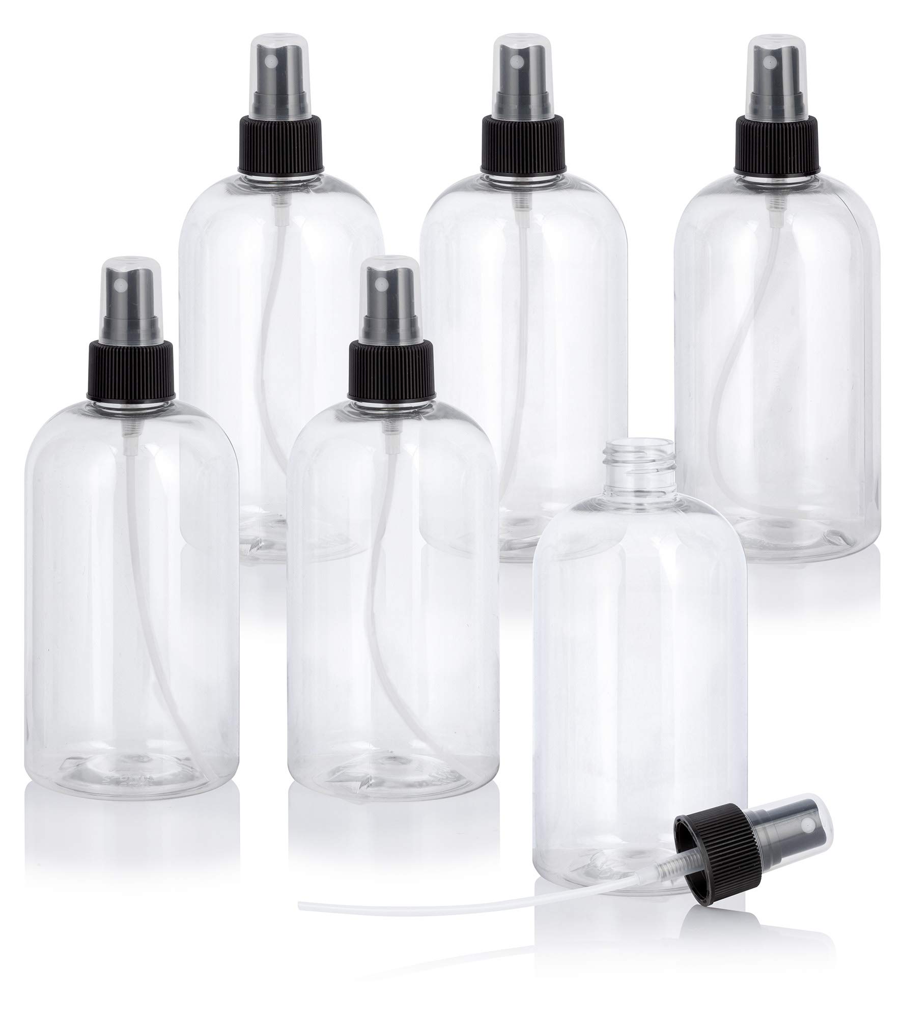 JUVITUS 12 oz Clear Plastic PET Squat Boston Round Bottle (BPA Free) Black Fine Mist Sprayer (6 pack)