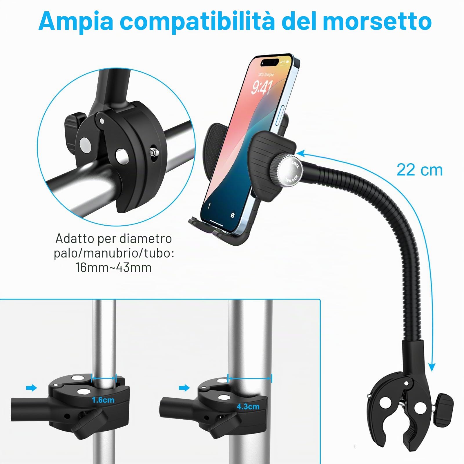 Supporto Cellulare per Passeggino/Bici/Sedia a Rotelle/Barca/Carrello Portaspesa, Flessibile Porta Telefono Manubrio Asta Barra Tubo per iPhone 16 15 Pro Max, Galaxy S24, Phone da 4-7"