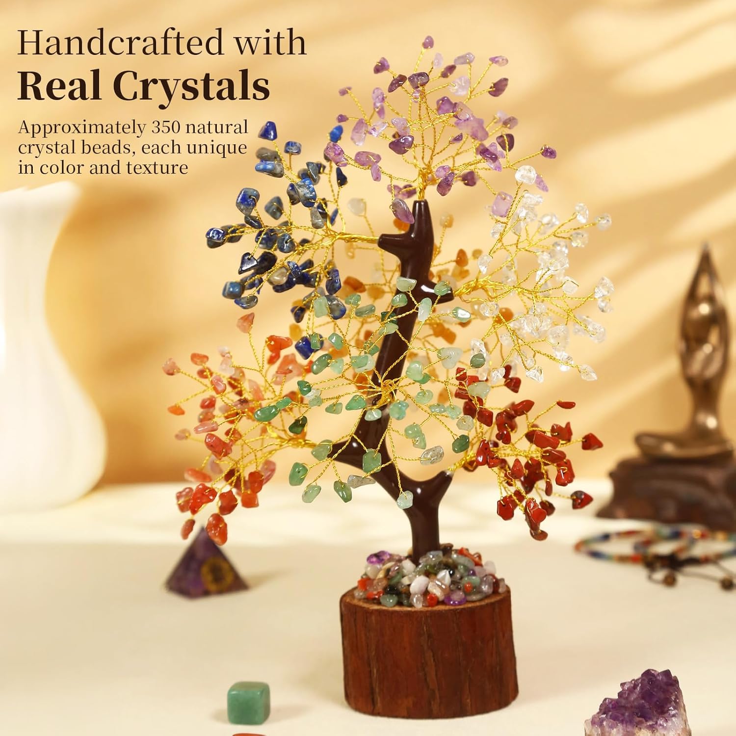 Crystal Tree of Life with Chakra Stones - Healing Crystals Decor for Desk & Home, Housewarming Gifts for New Home, Unique Birthday Gifts for Women, Sisters, Friends (7 Chakra Tree Wooden Base)