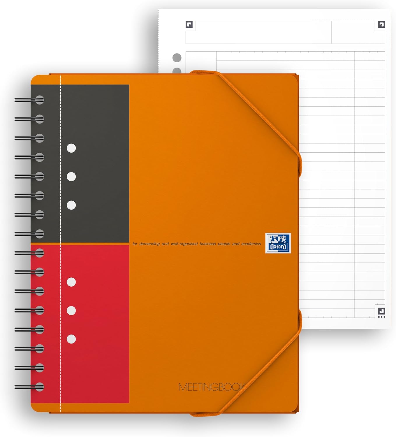 OXFORD 100103453 Meetingbook International A5 + Lined 10-Hole Punched 160 Sheets 2 in 1: College Block and Elastic Band Orange - Clever Organization for Managers and Executives