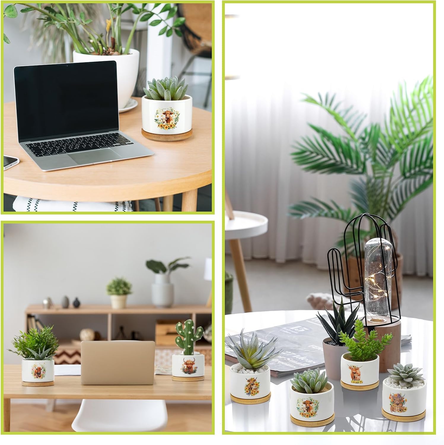 6 Pcs Highland Cow Decor Gifts for Women Planter Ceramic Gift Sunflower Cow Animal Succulent Planter Pots with Bamboo Drainage Tray for Indoor Plant Office Home (No Plants Included)