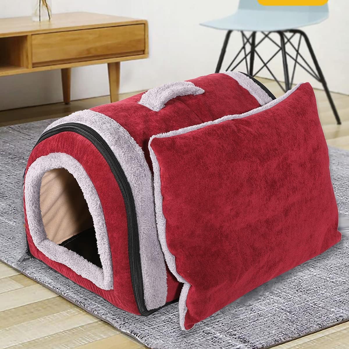 Fluffy's Luxurious 2-in-1 Foldable Pet House Ultra Soft Bed for Cat Dogs, Warm Portable Washable Indoor Puppy Kitten Beds Cave Tent Nest (S, Red) 3