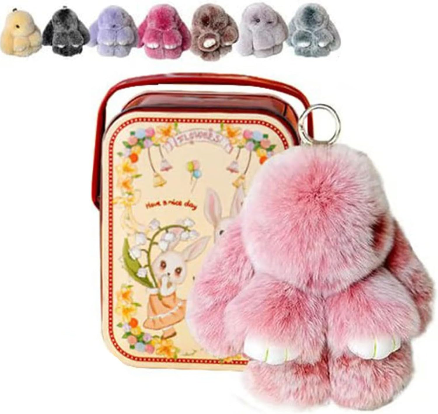 XIUNYIE Easter Bunny Plush Keychain in Iron Gift Tin, Fluffy Rabbit Keyring Kawaii Soft Furry Pendant for Handbag or Backpack Cute Decorative Charm, Birthday Christmas, #K