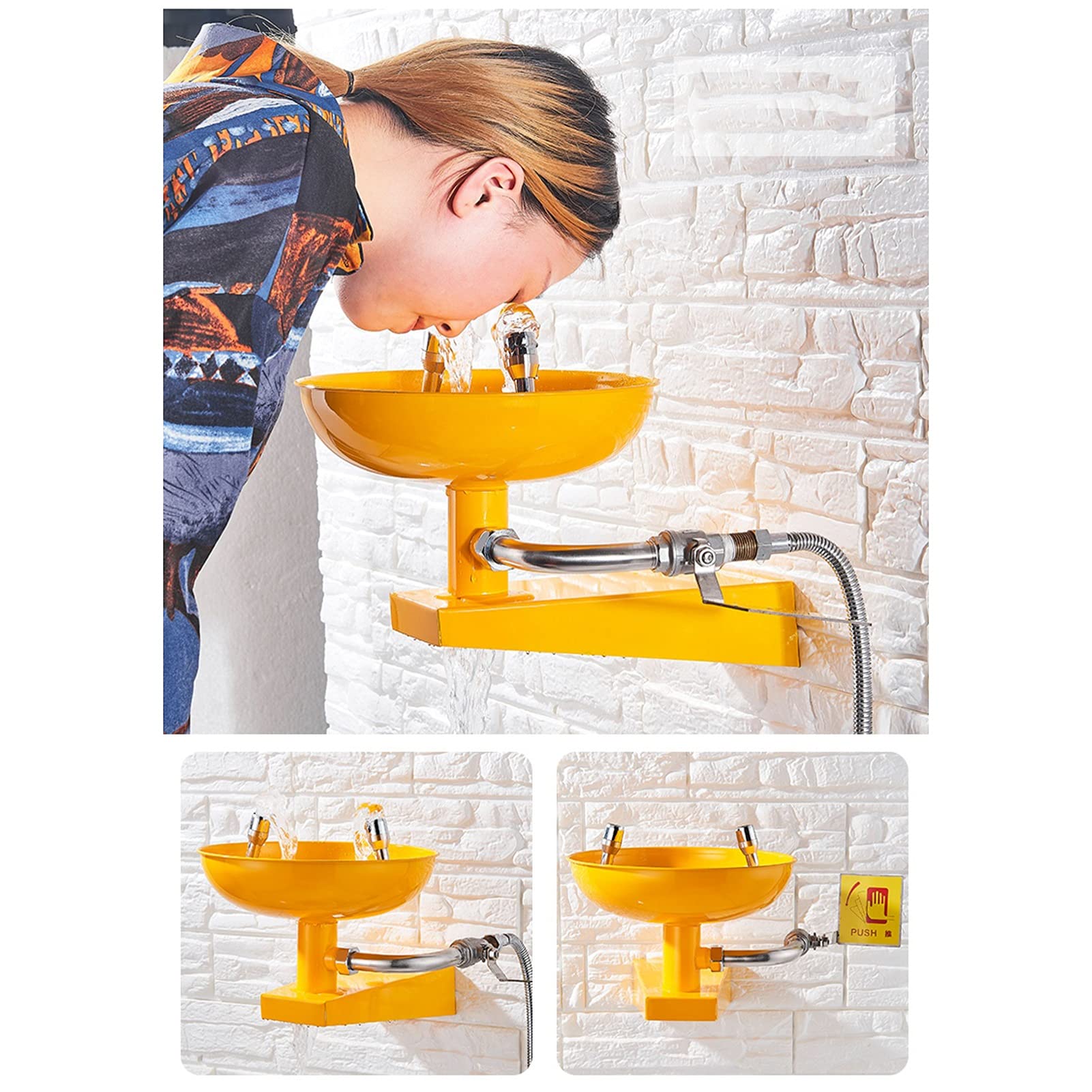 Station de Lavage oculaire Murale, Station de Lavage oculaire/Facial d'urgence, Acier Inoxydable 304 avec revêtement ABS et Panneau de signalisation, Jaune