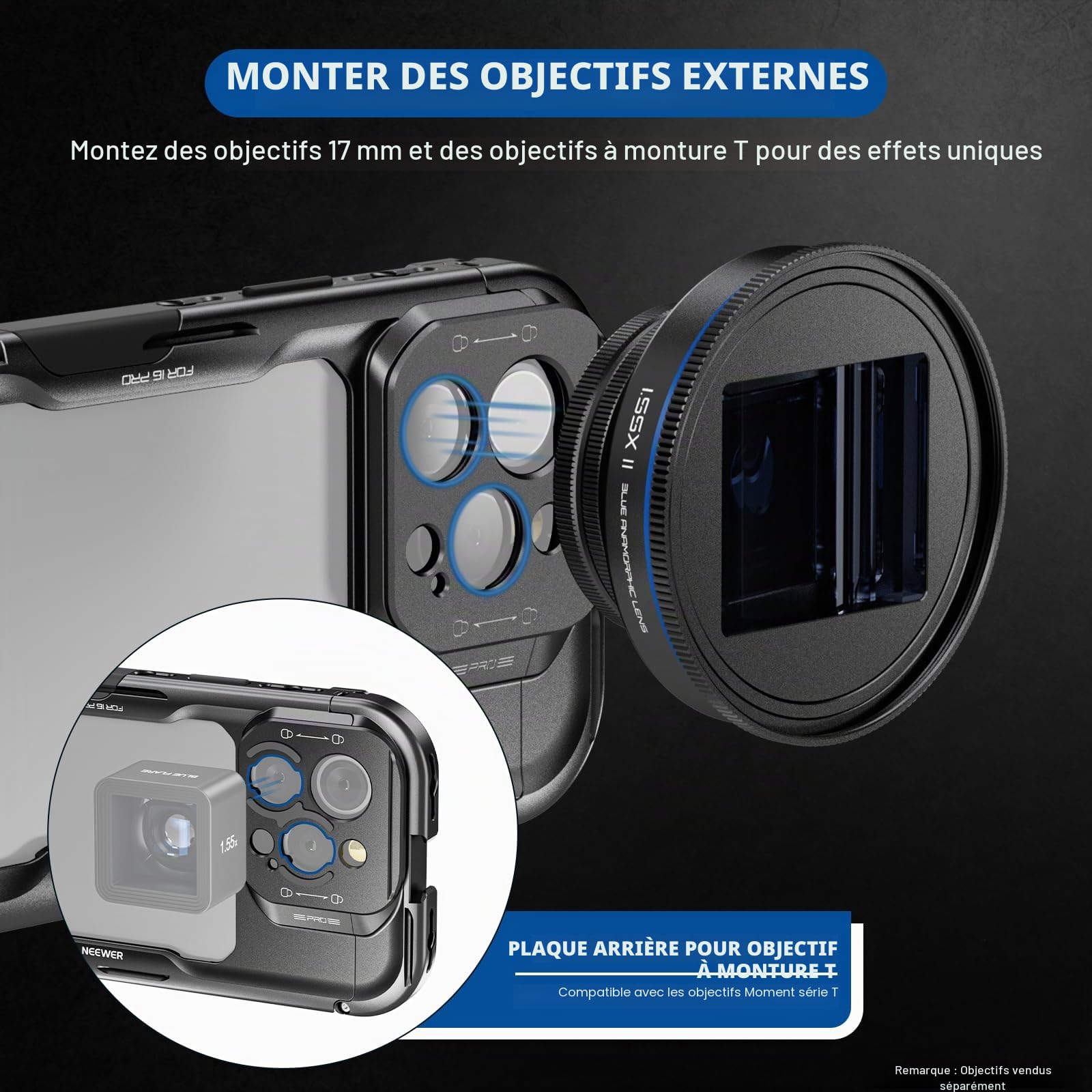 NEEWER Cage 16 Pro, stabilisateur vidéo à libération Rapide Compatible avec iPhone 16 Pro avec Adaptateur de Filtre de 67 mm, Plaque arrière d'objectif de 17 mm, Adaptateur d'objectif à Monture en T
