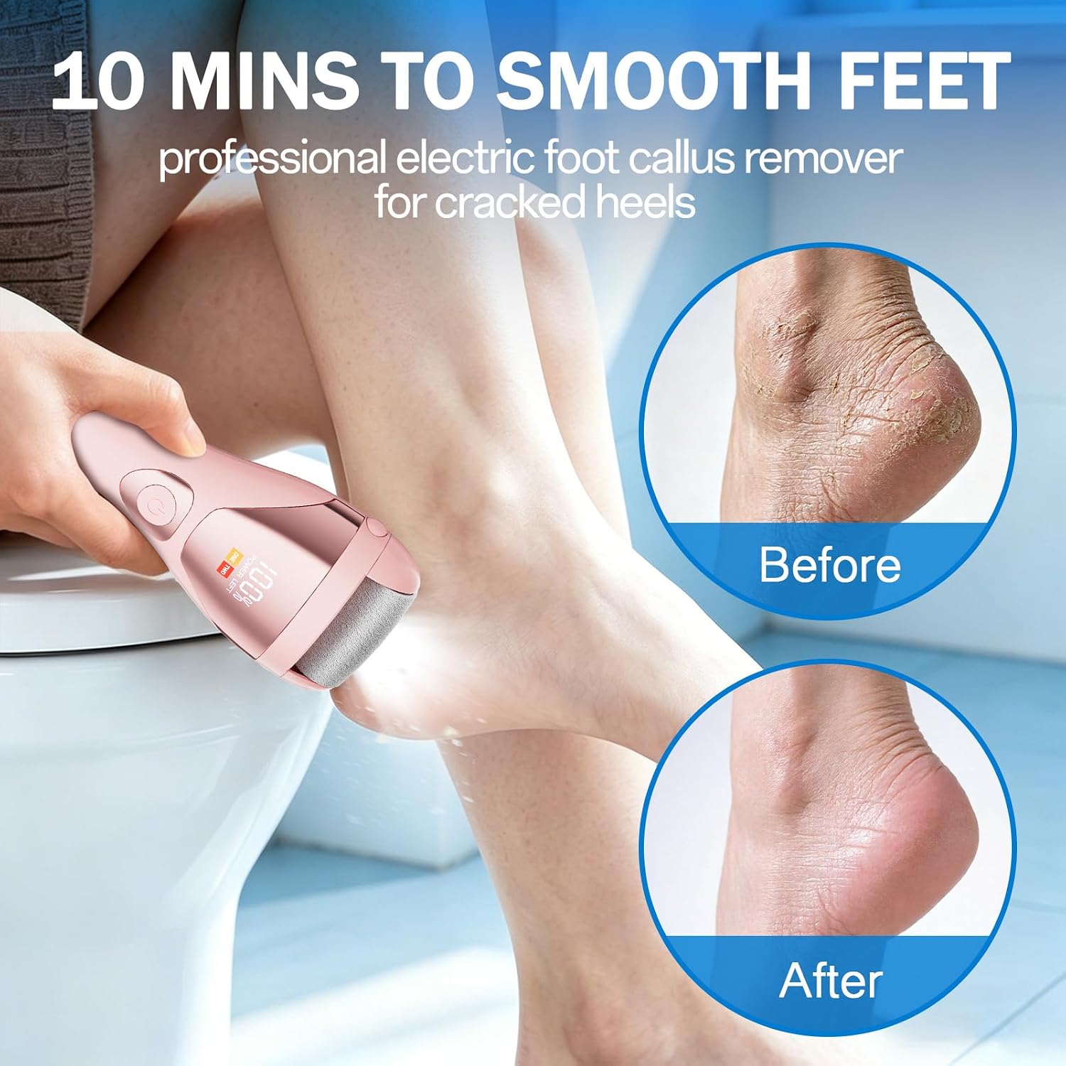 Wea&Hea Electric Foot File Callus Remover for Feet, Rechargeable | IPX7 waterproof wet dry use, 3 grinding heads, LED display, Type-C rechargeable pedicure tool for dead skin and cracked heels