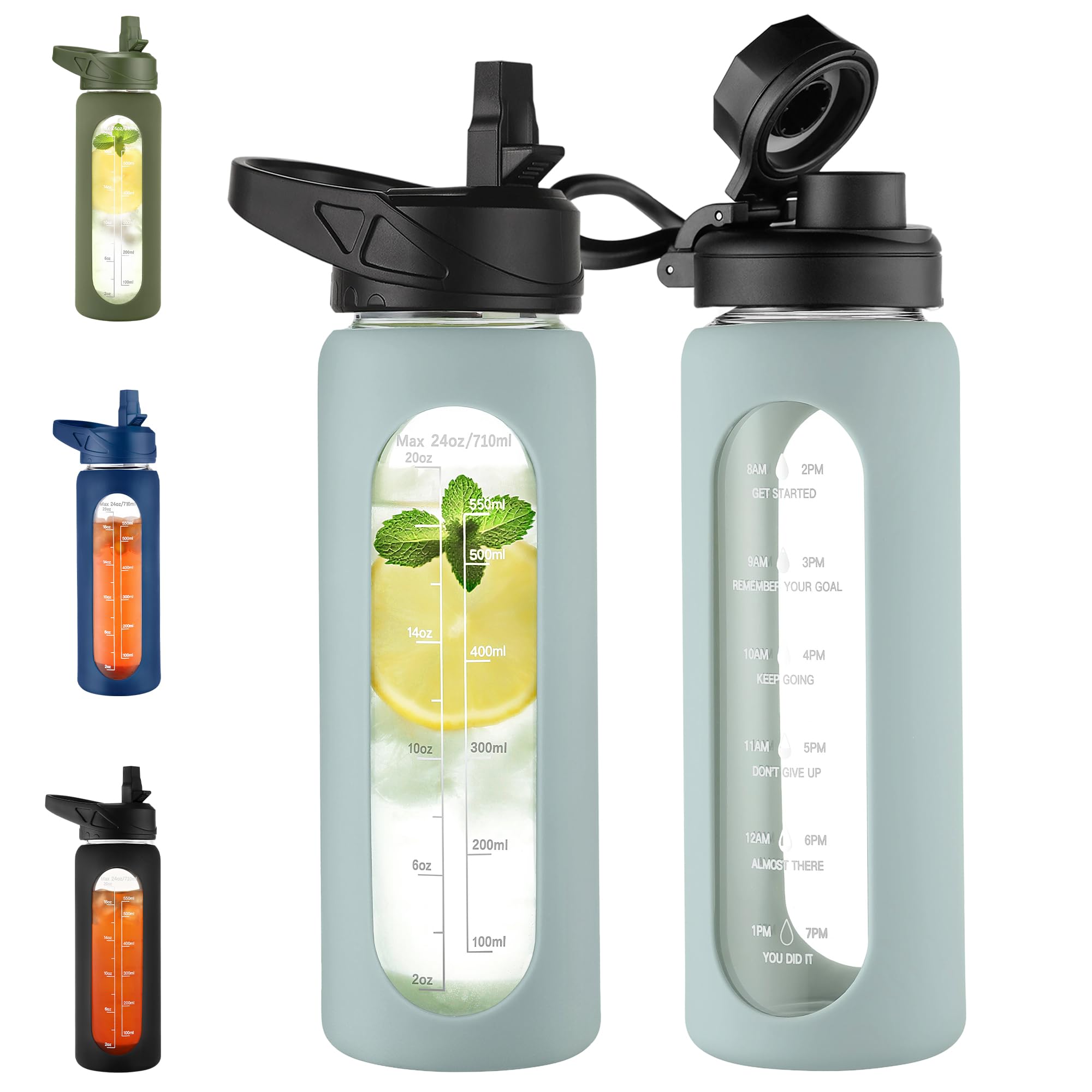 CIVAGO 24 oz Glass Water Bottle with Straw, Large Motivational Water Jug