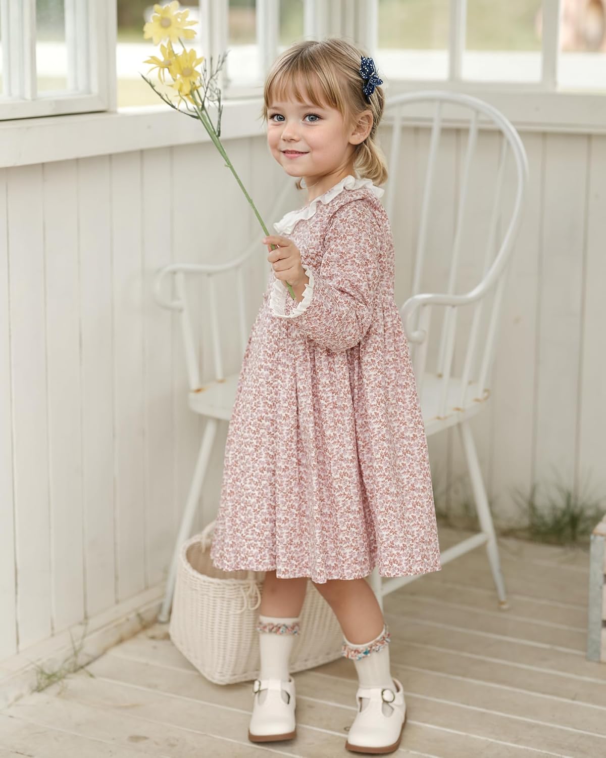 Twoflower Kids Baby Girls Casual Floral Print Dress | Toddler Smocking Long Sleeve Dresses with Ruffle Collar for Holiday - Image 5