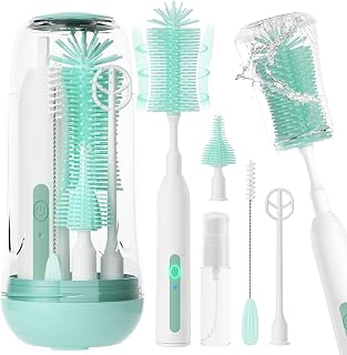 Electric Bottle Brush Cleaner,Rechargeable Baby Bottle Cleaning kit with Formula Mixer, Silicone Nipple&Straw Brush, Soap Dispenser, Drying Rack-IPX7 Waterproof,Long Battery Life for Home & Travel