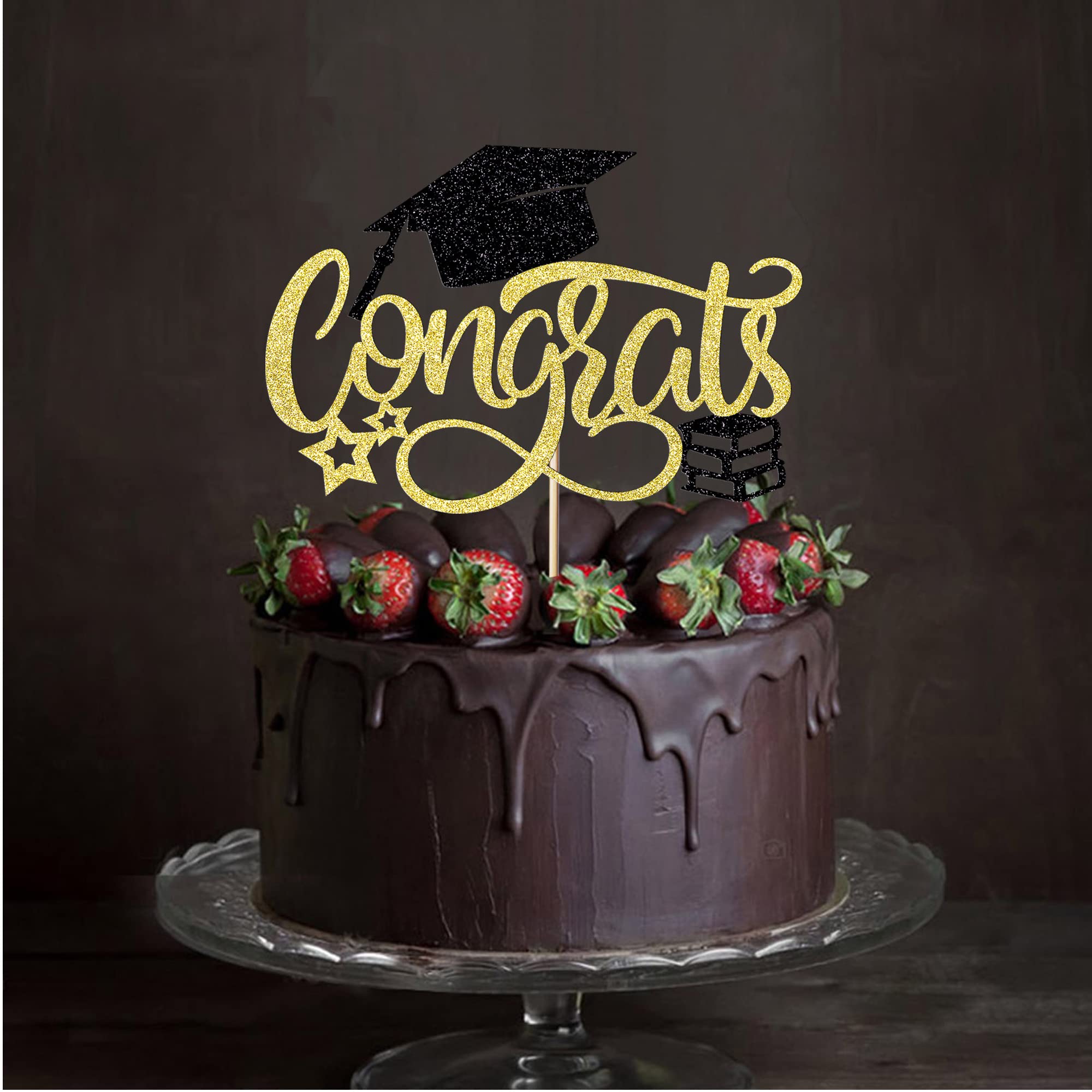 Congrats Grad Cake Topper – Glitter Graduation Decor 2023, Black & Gold, For Any Graduation Level - View #8