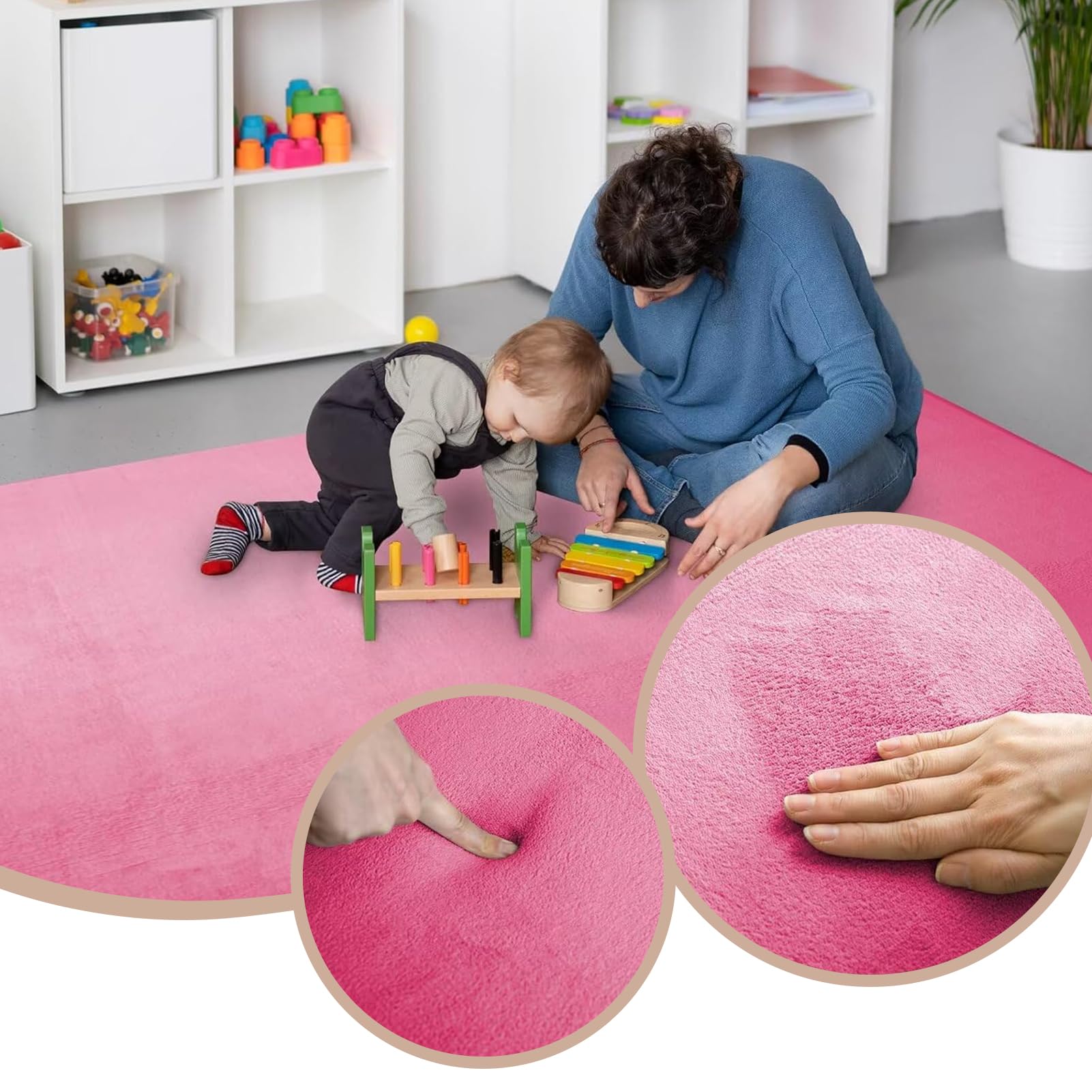 Gruba antypoślizgowa mata dla niemowląt, Duża koralowa welurowa, Mata do zabawy dla niemowląt, Dywan do raczkowania wypełniona gąbką 100 x 100 cm różowy