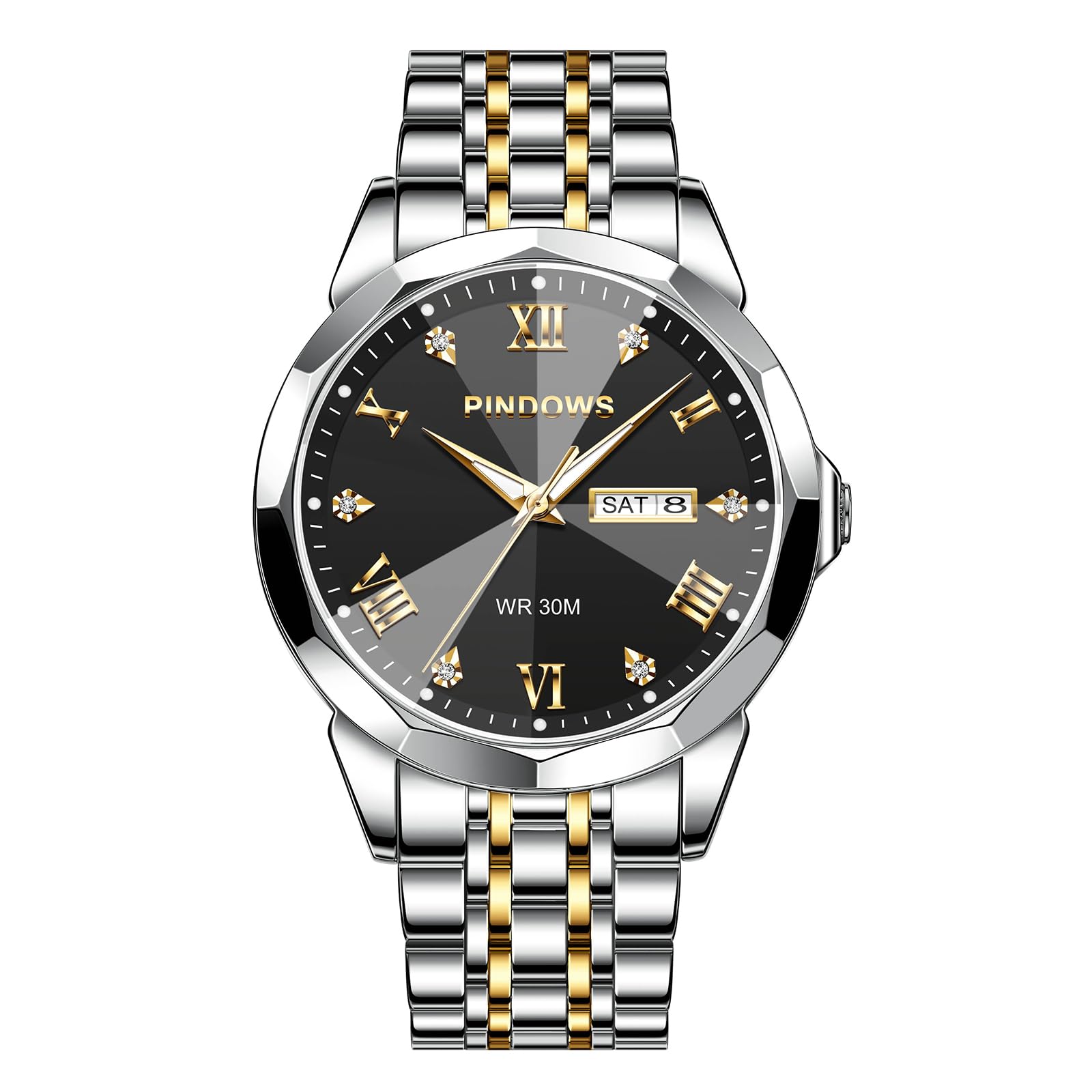 PINDOWS Herrenuhren Luxus Quarz-Analoguhr Datumsanzeige und großem Ziffernblatt wasserdichte modische Business-Armbanduhr Elegante zweifarbige Edelstahl-Klassiker-Herrenuhr mit beleuchtetem Kalender