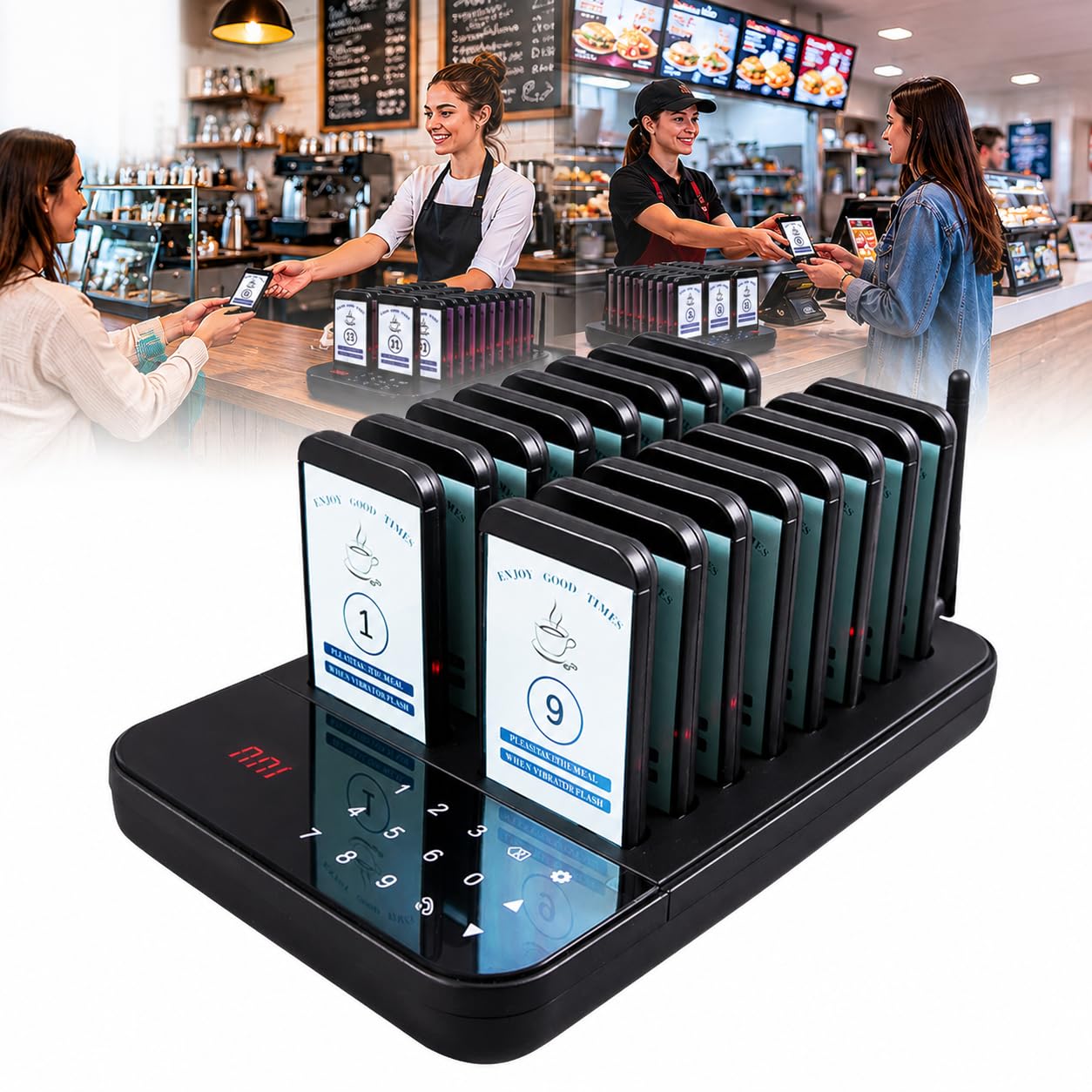 JSMDLN Restaurant Pager System,1640ft Long Range Pagers,16/20/30 Order Buzzers,Waterproof Touch Keyboard with Vibration Flash and Buzzer,for Food Trucks Bar Churches 16*Receiver