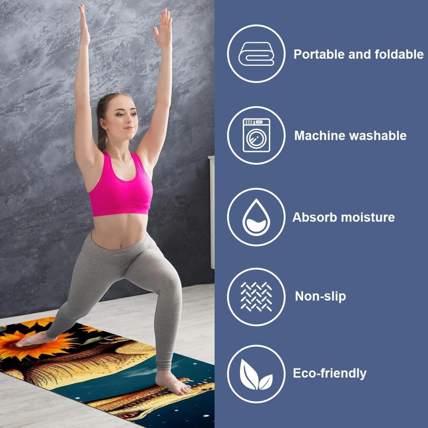 Yoga Towel, Crocodile Star Sunflower Non Slip Sweat Absorbent Hot Yoga Mat Towel for Hot Yoga, Pilates and Fitness - 72.8" x 26.8"