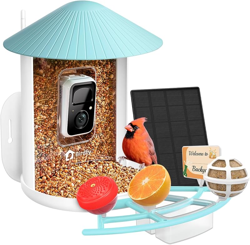 by Birdfy Pro Comedero inteligente para pájaros con panel solar de cámara, alertas de llegada instantáneas, transmisión en vivo y visión nocturna para exteriores y patio trasero, observación de colibríes, cardenales y orioles, regalos ideales, azul