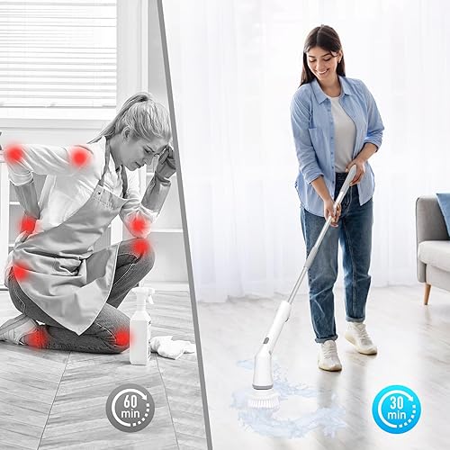 Miniatura 4 de Limpiador eléctrico giratorio, cepillo de limpieza inalámbrico con 6 cabezales de cepillo reemplazables, mango de extensión ajustable, cepillo de