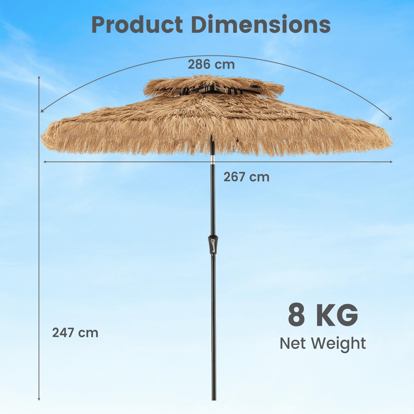 FANTASK Parasol przeciwsłoneczny Hawaii z 2-stopniową regulacją wysokości, doskonałe zacienienie UV, słomiany parasol z podwójnym dachem, odchylany parasol ogrodowy, brązowy, 270CM, Tropikalny