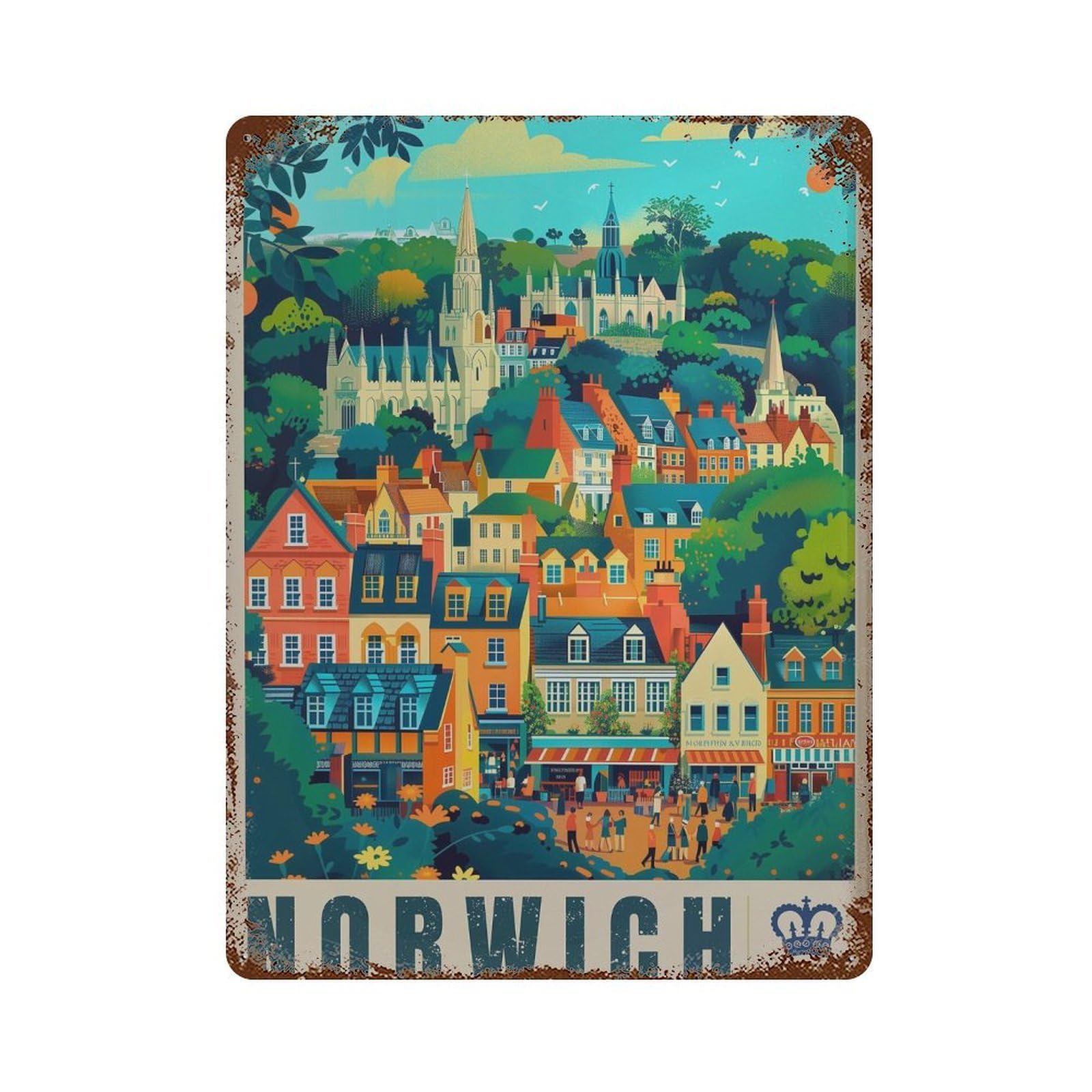xiaoxiaoshen Norwich England Travel Illustrated Wall Decor Art Metal Tin Poster Modern Home Decor Art Home Bar Shop Decorations Vintage Sign 40x30cm