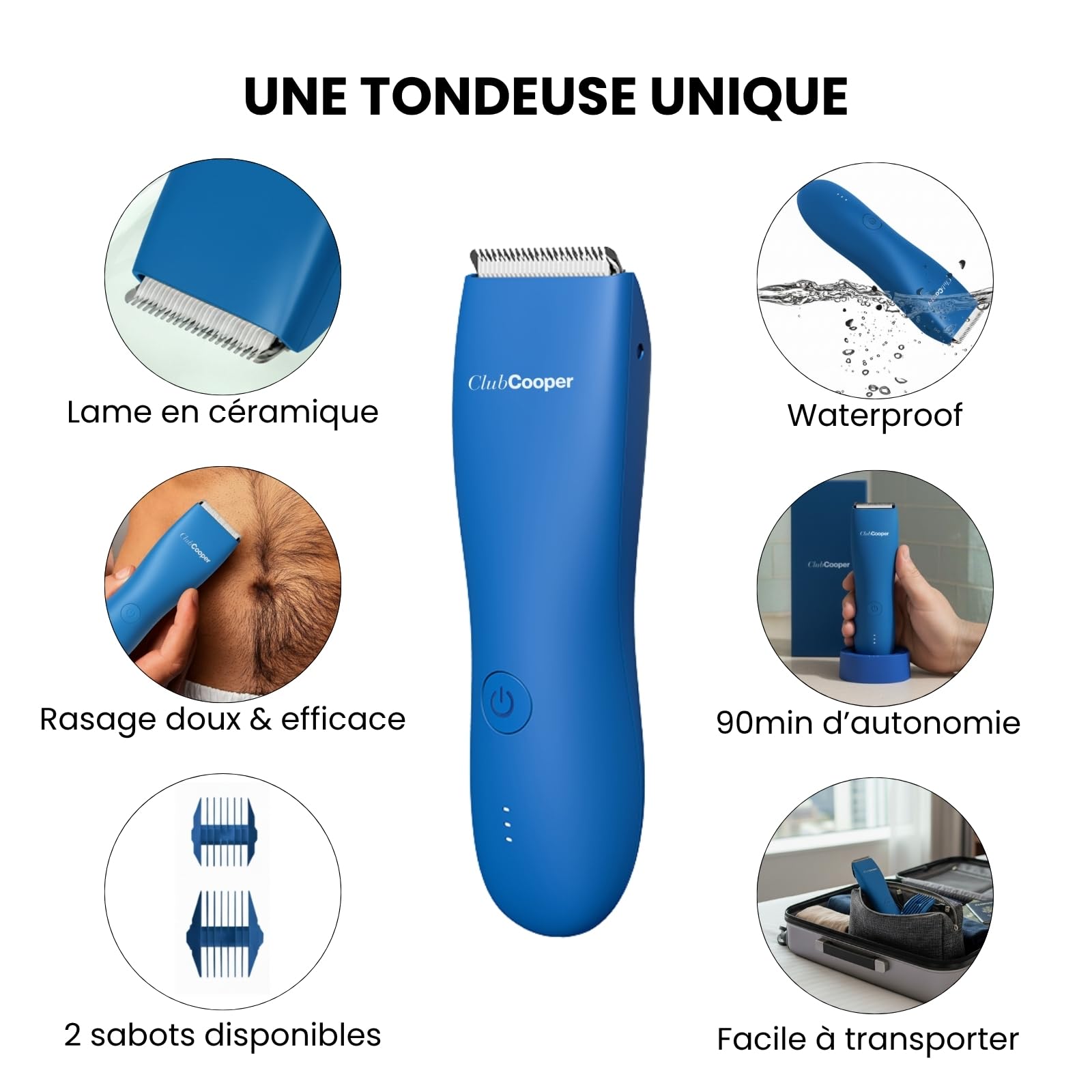 Tondeuse Intime Homme ClubCooper – Tondeuse Corps Homme Parties Intimes – Rasoir Électrique Anti-Coupures Zones Sensibles – Lame Céramique Waterproof – Pubis Testicules – 0/3/6/9/12mm USB (Bleu)