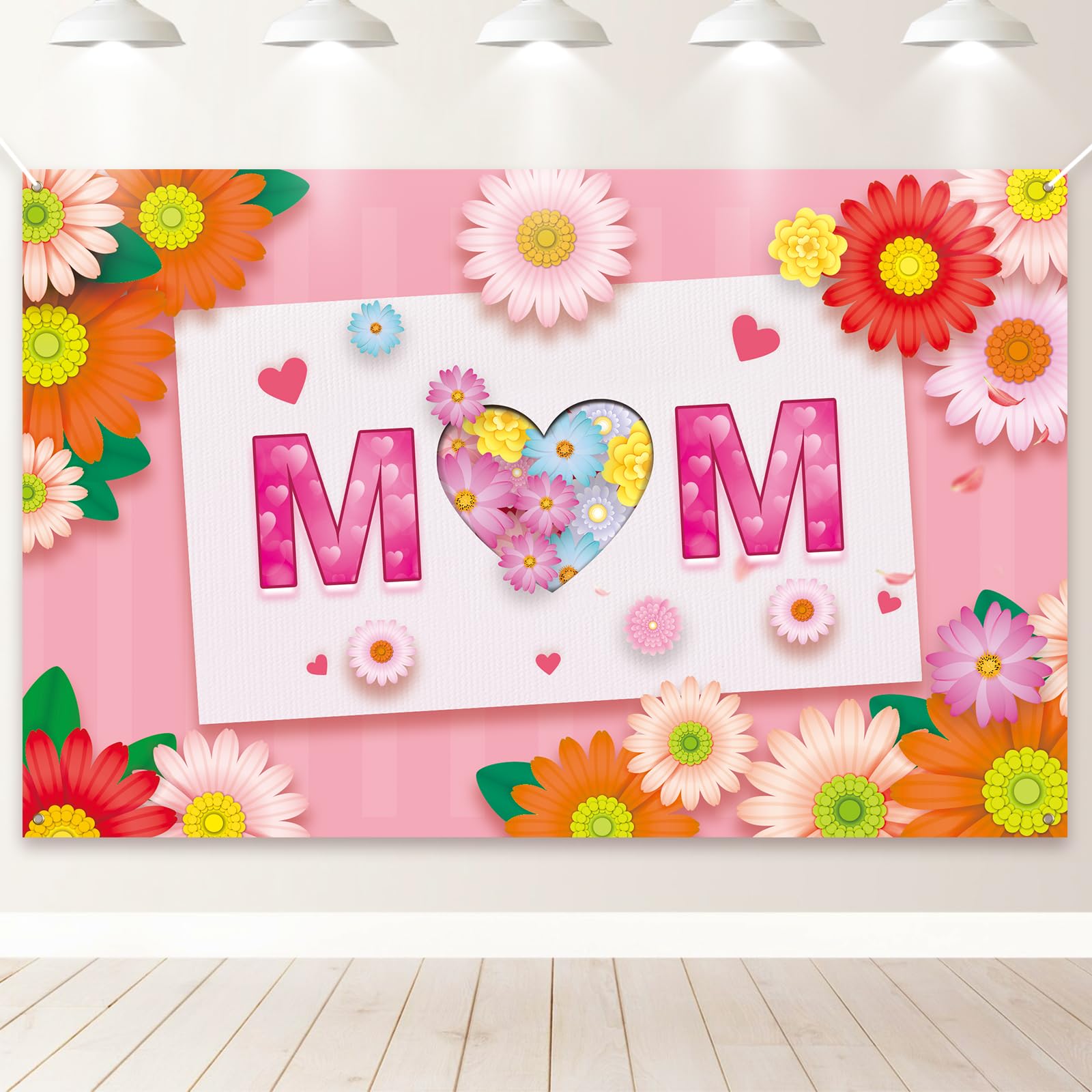 PartyYaa Mothers Day Decoration, Mother's Day Backdrop Banner, I Love You MOM Background