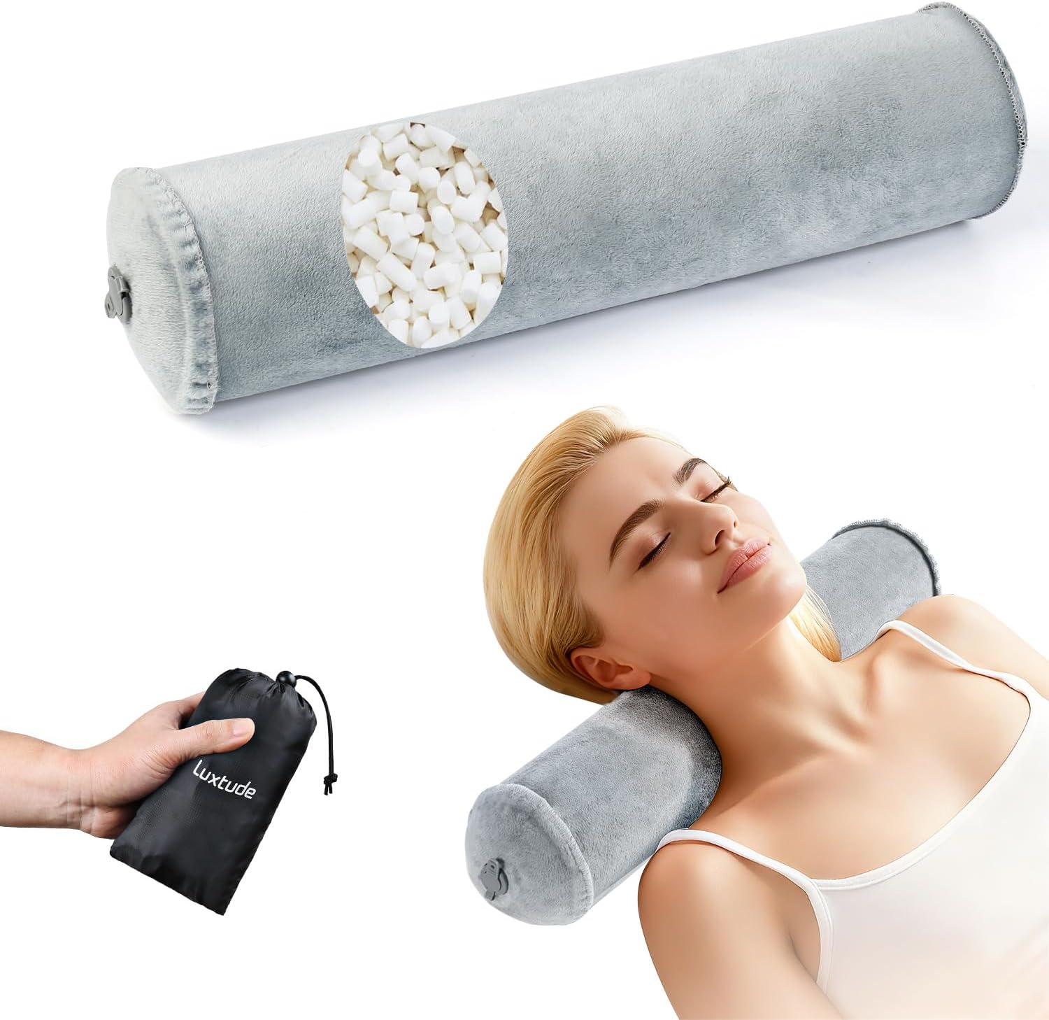 Luxtude Inflatable Neck Roll Pillow for Sleeping, Travel Cervical Pillow for Neck Pain Relief, Cylinder Support Pillows Round Bolster Pillows for Bed, Lumbar Roll, Legs, Back and Yoga (Grey-3.9in)