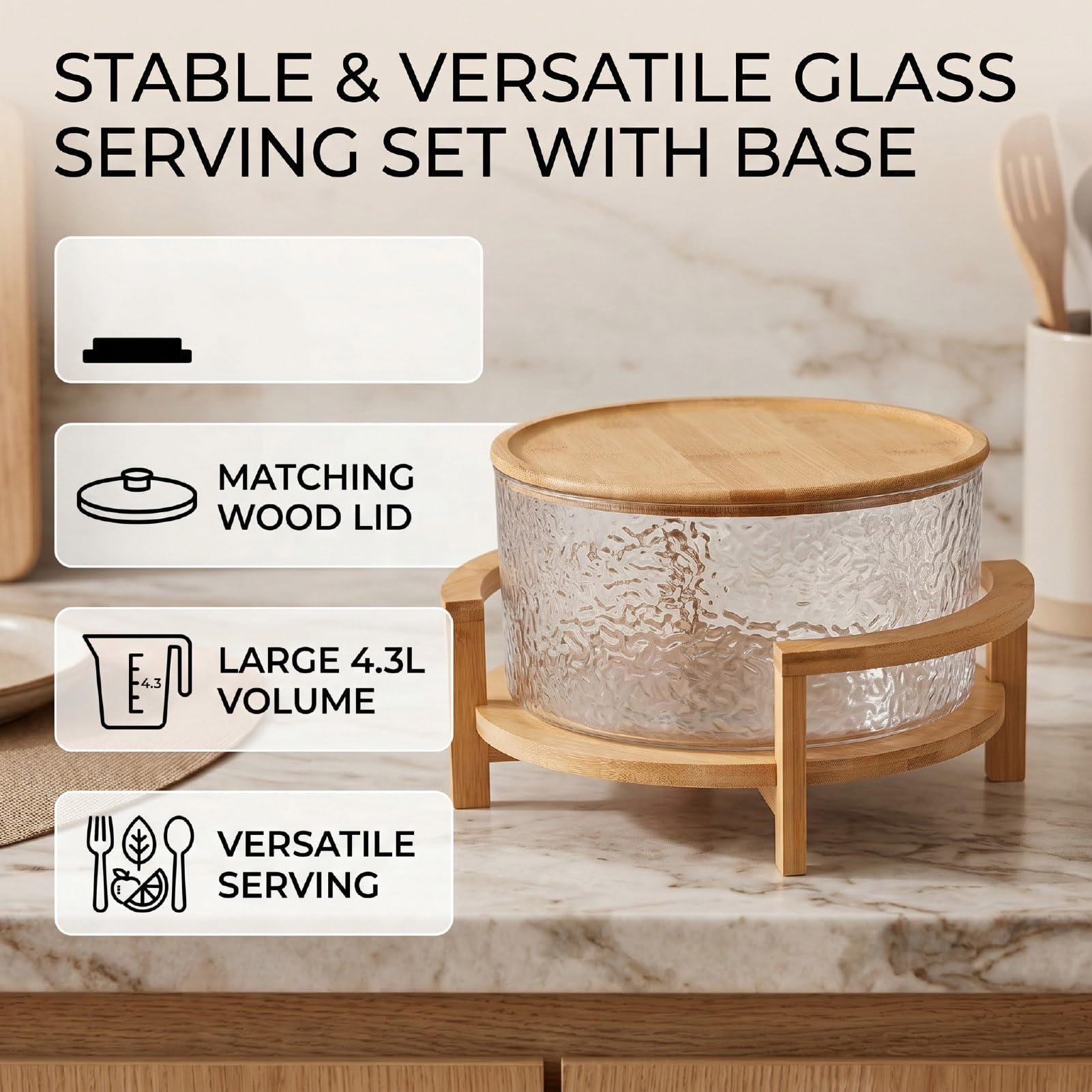 Ensaladera de Vidrio con Base de Madera Capacidad de 4,3 L Diámetro Total de 11,02 Pulgadas, Tapa a Juego Incluida, Reduce la Compra de Utensilios Adicionales, para Comidas