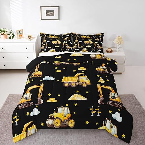 Miniatura 8 de Juego de edredón individual de excavadora para niños y niños, ropa de cama Kawaii, camión de construcción, tractor, juego de ropa de cama, mezclador