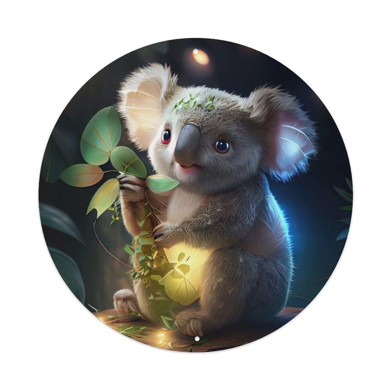 Wildlife Artwork Cute Little Koala Holding Leaves Vintage Metal Tin Sign Plaque Wall Decor for Cafe, Club, Garden Round Metal Poster 8x8Inch