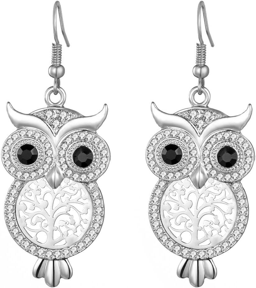 Cute Owl Drop Earrings with CZ Crystal for Women Girls - Clear Diamante Animal Dangle Earring, Anti-allergy Statement Costume Jewelry