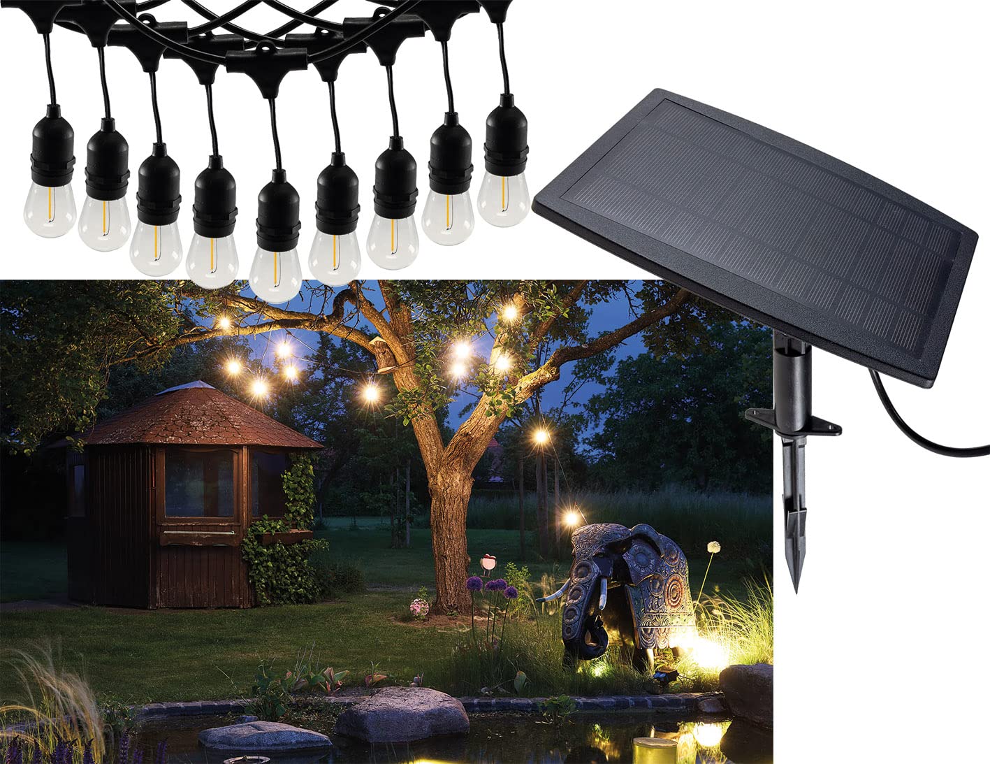 ChiliTec Solar Lichterkette Außen – 7 m, 10 LED E27, IP44