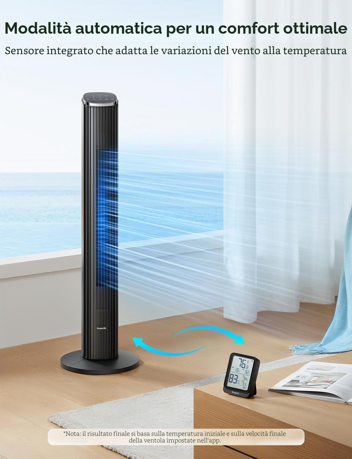 GoveeLife Ventilatore a Torre Intelligente Silenzioso 75 Gradi Oscillazione | Controllo tramite App e Comando Vocale, 5 Modalità, 8 Livelli, Timer da 24 Ore per la Funzione Raffreddamento
