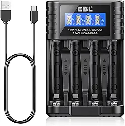EBL Carregador de bateria para AA AAA 1,2 V NI-MH 1,5 V baterias recarregáveis de íon de lítio, entrada tipo C, sistema de exibição e reconhecimento inteligente, compartimento de carregamento separado