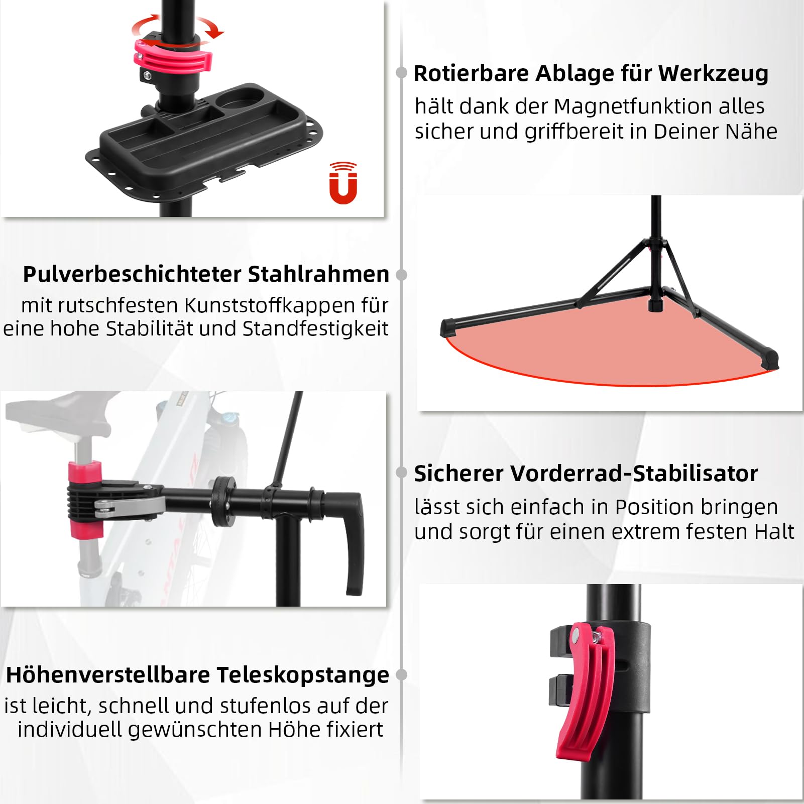 Fahrradmontageständer, Höhenverstellbar Fahrrad Reparaturständer mit Werkzeugablage bis 50kg, Klappbar 360° Drehbar Profi Reparaturständer für E-Bike Mountainbikes - Schwarz